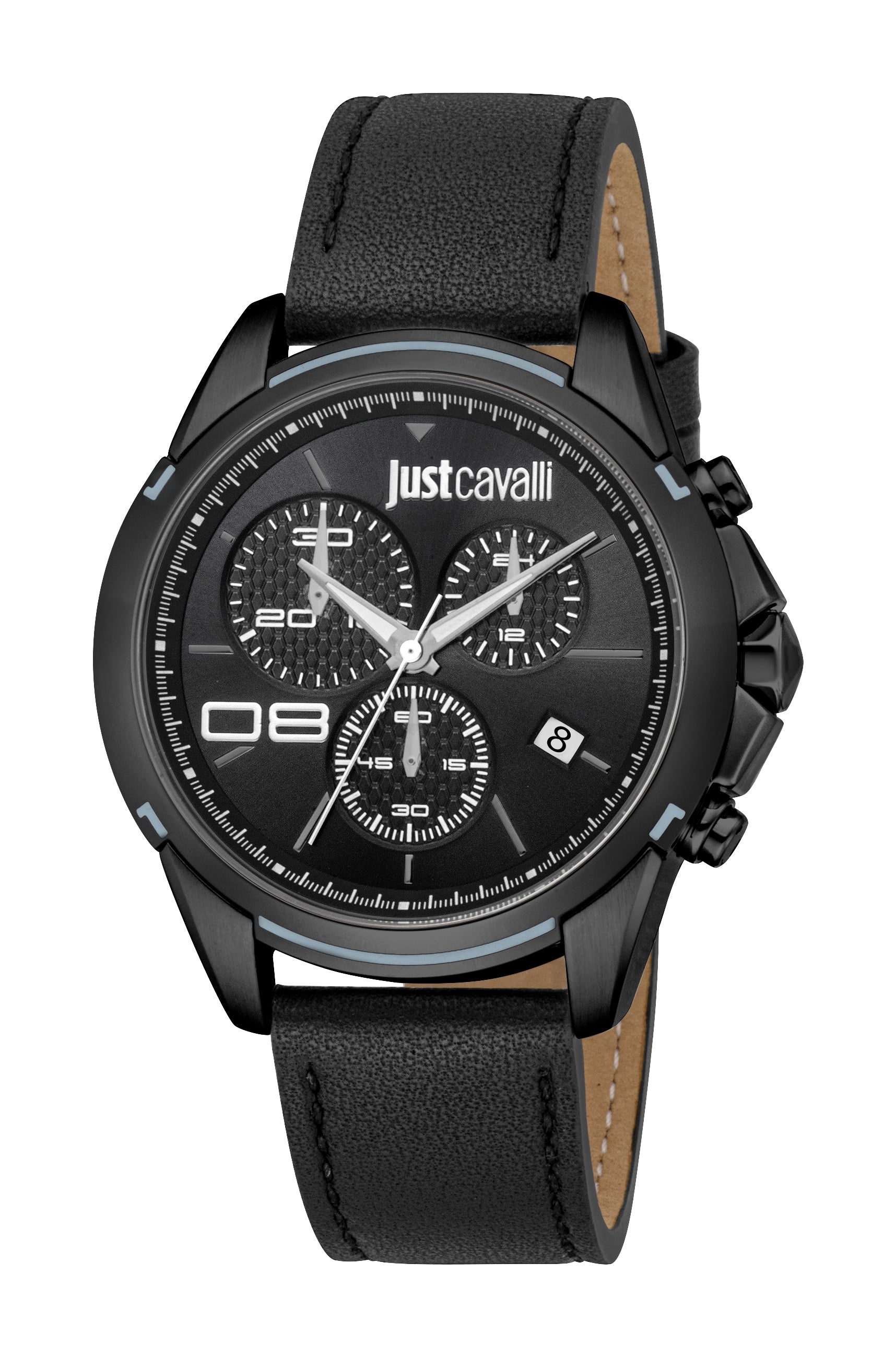 Just Cavalli men's watch with a black metal case, black textured dial, and a black leather strap with visible stitching.