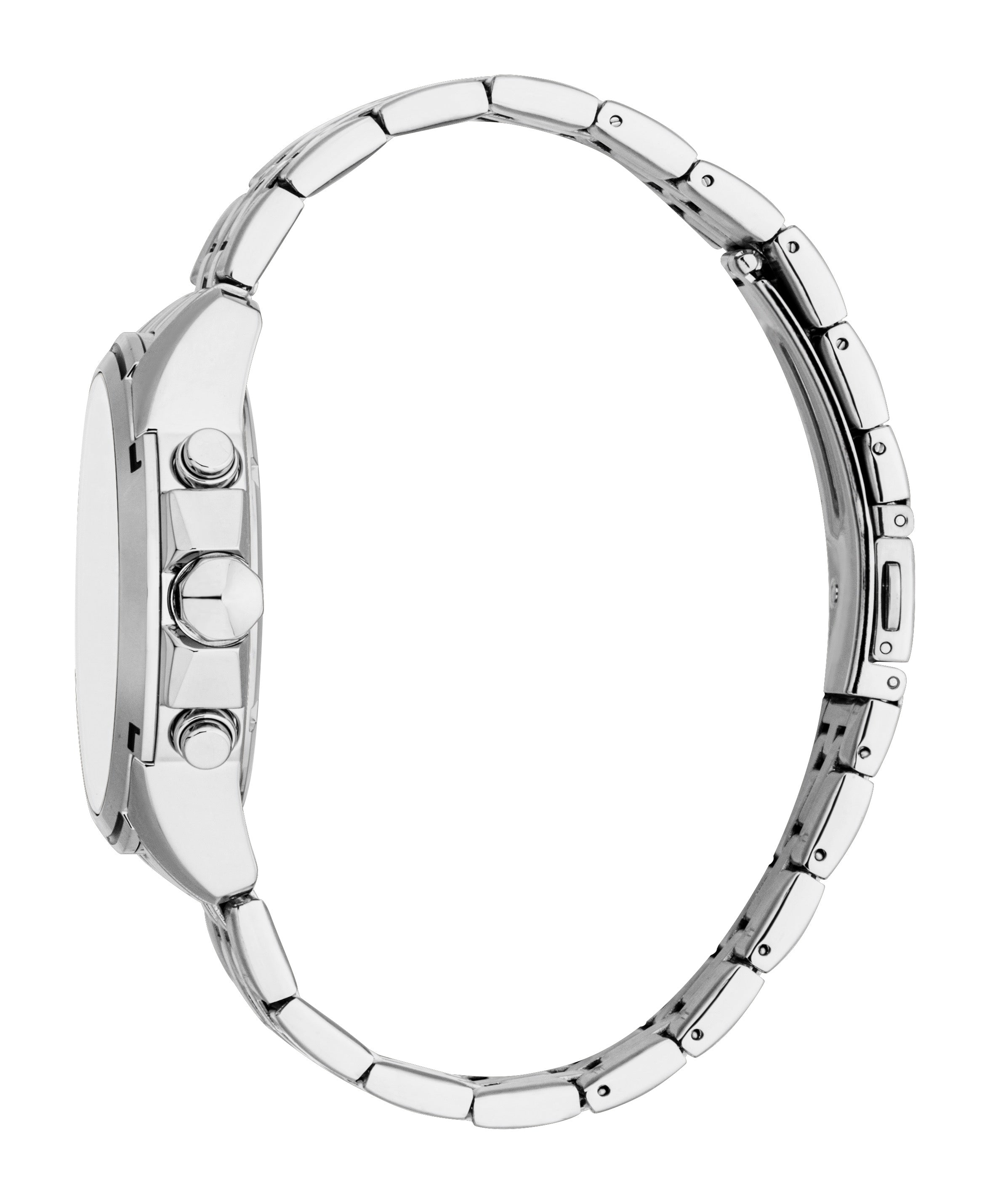 Men's silver-toned watch with a metal link bracelet and three pushers on the right side of the case.