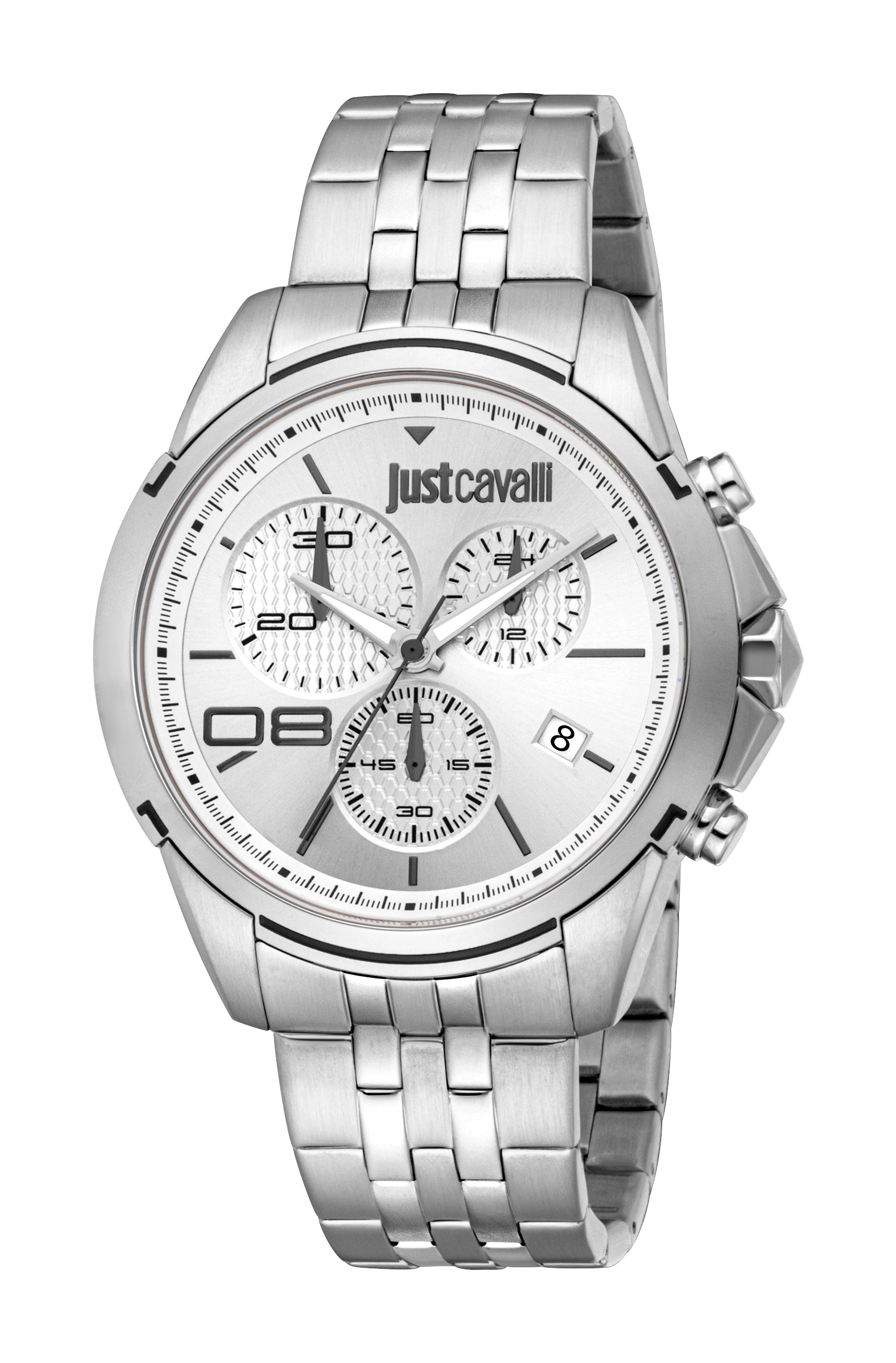 Silver-toned Just Cavalli men's chronograph watch with a light grey dial, black markings, and a metal link bracelet.