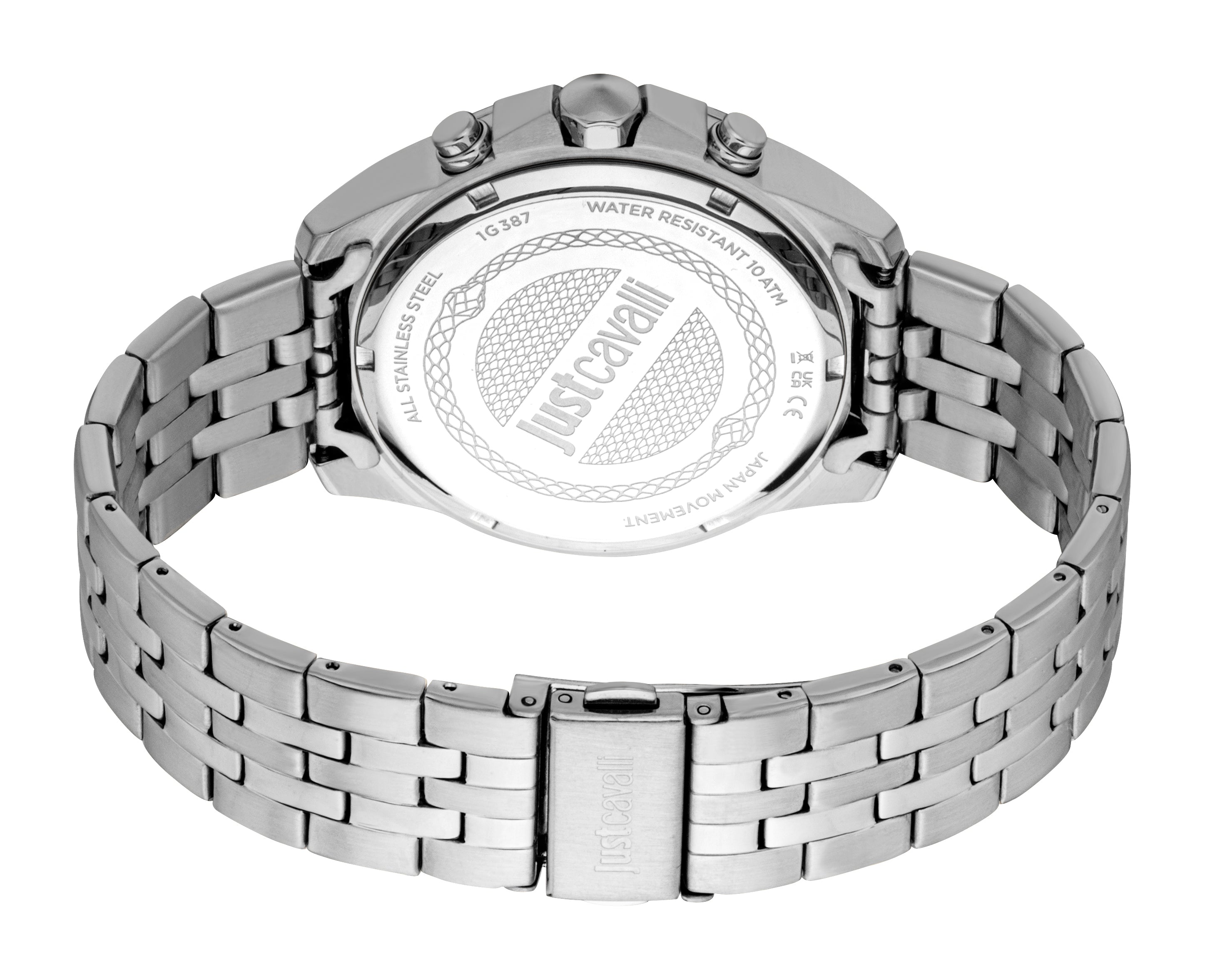 Silver-toned men's watch with a metal link bracelet and a silver-toned case back featuring "Just Cavalli" and a snake engravi