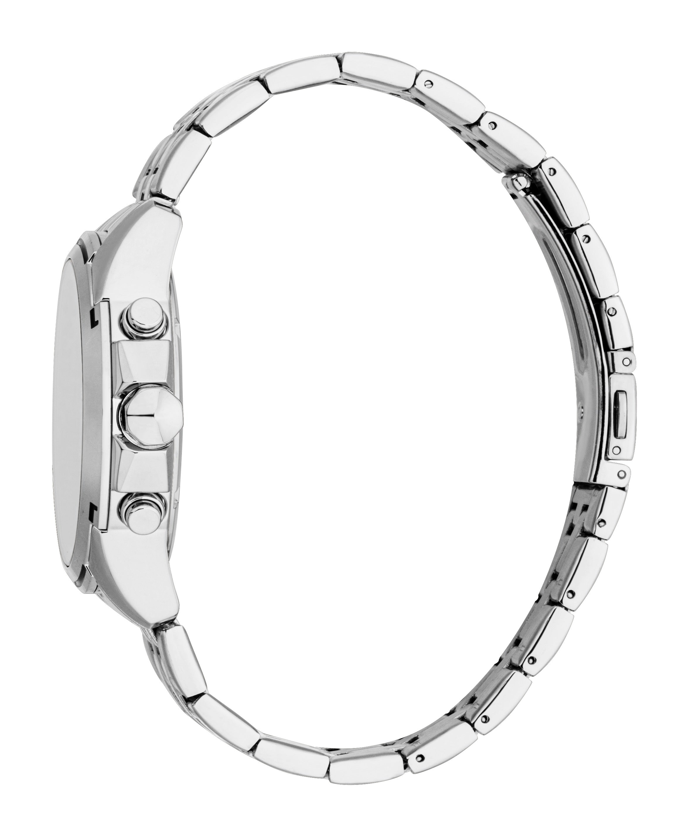 Men's silver-toned watch featuring a round case with three side pushers and a multi-link bracelet.