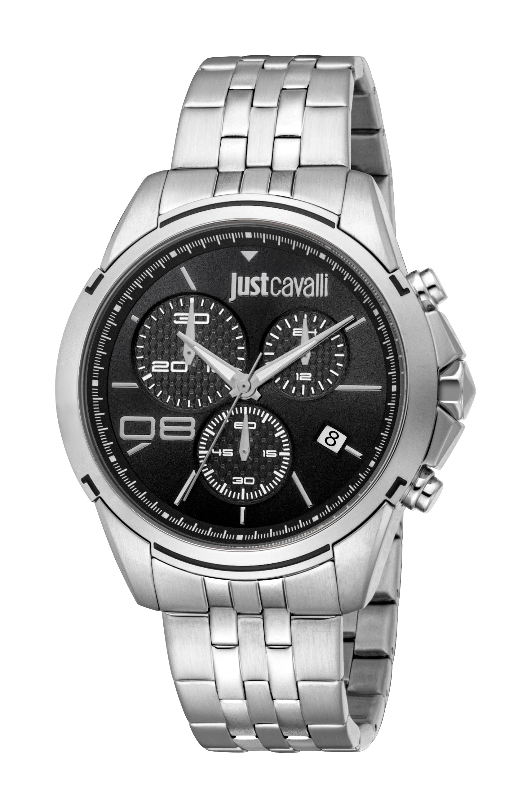 Just Cavalli men's chronograph watch with silver-toned metallic bracelet and case, black textured dial, three sub-dials, date