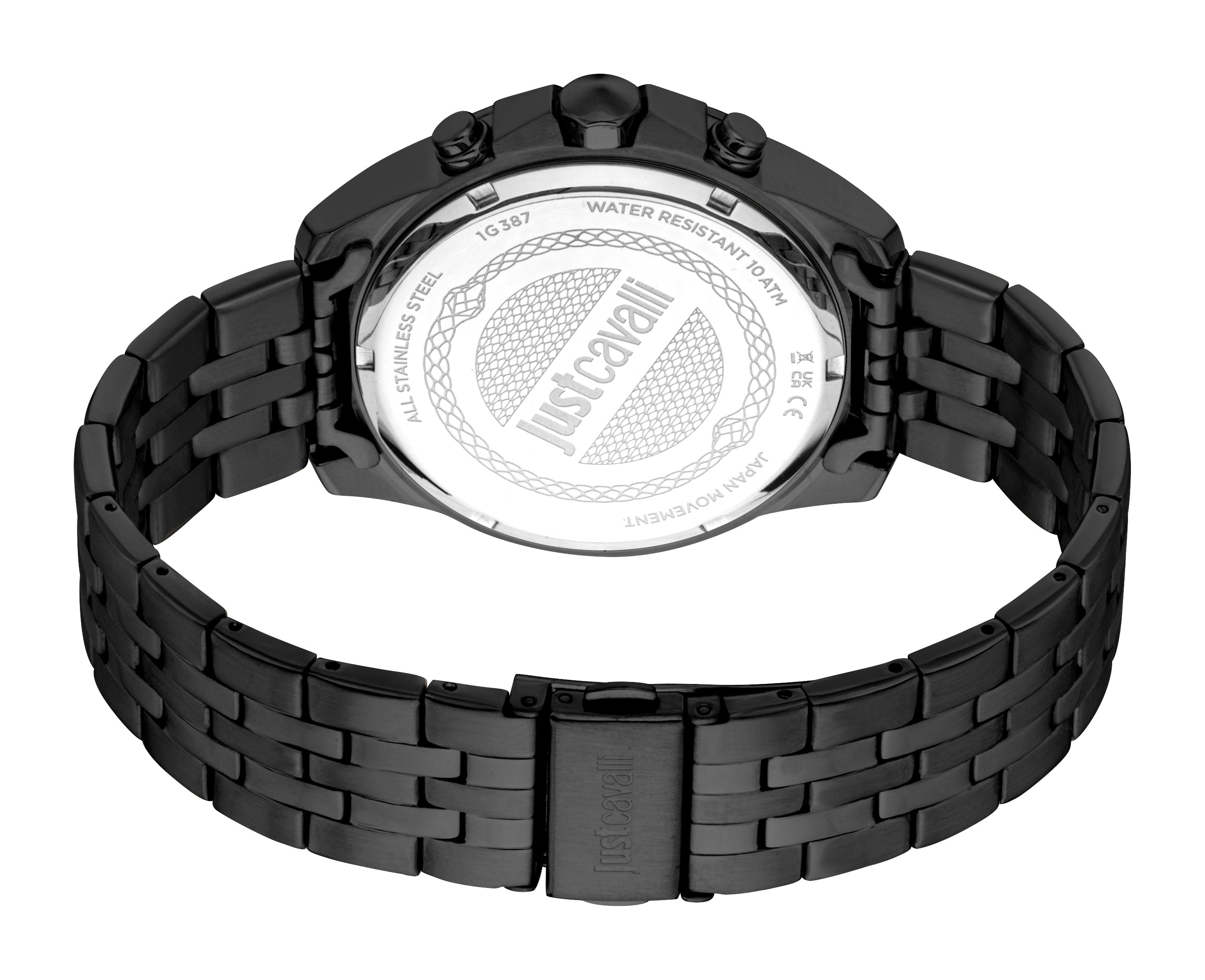 Black metal watch with a link bracelet and a black case. The silver-toned backplate is engraved with 'Just Cavalli'.