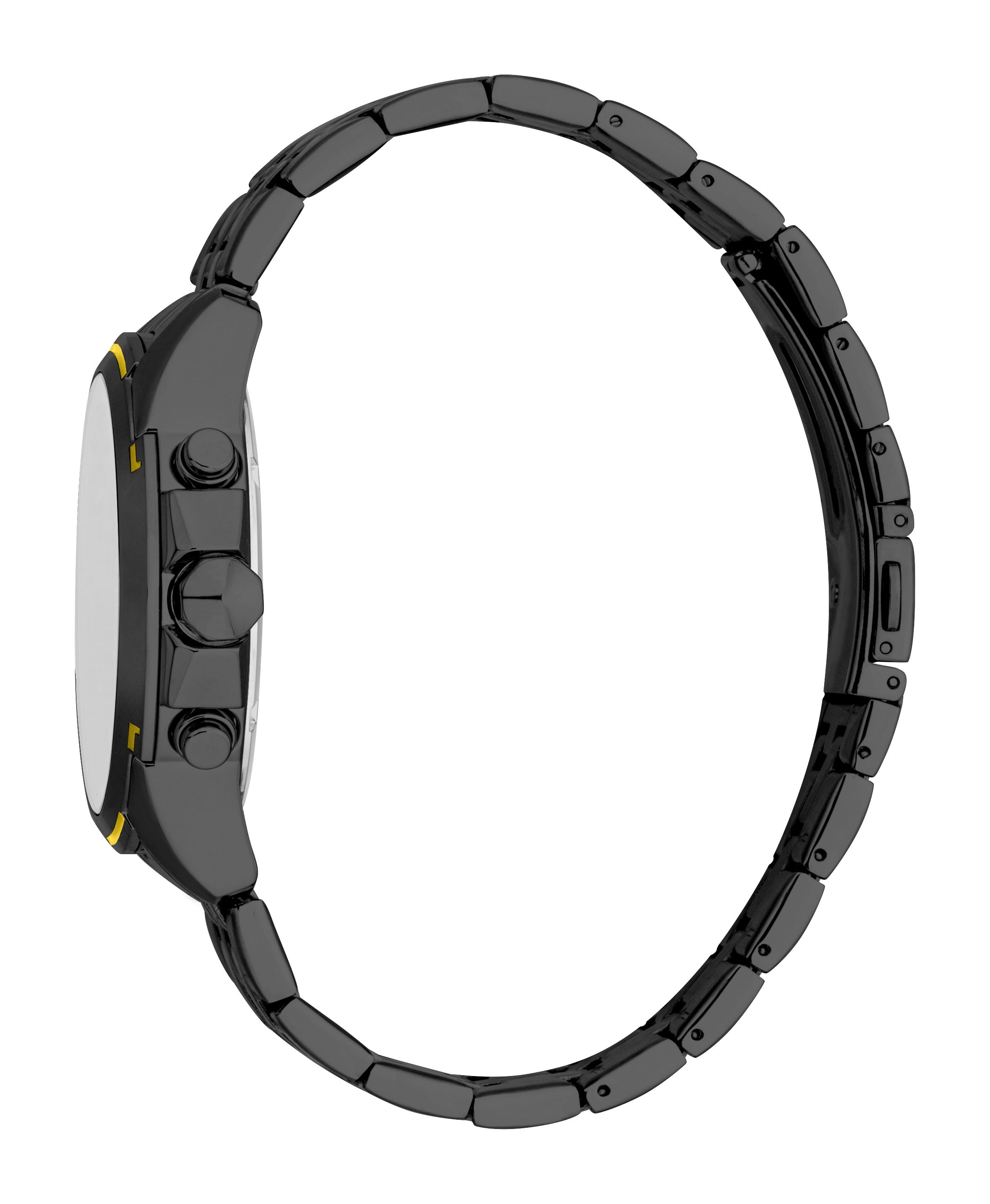 Men's watch with a black case, black dial, and black metal link bracelet. Features three black pushers and yellow accents.