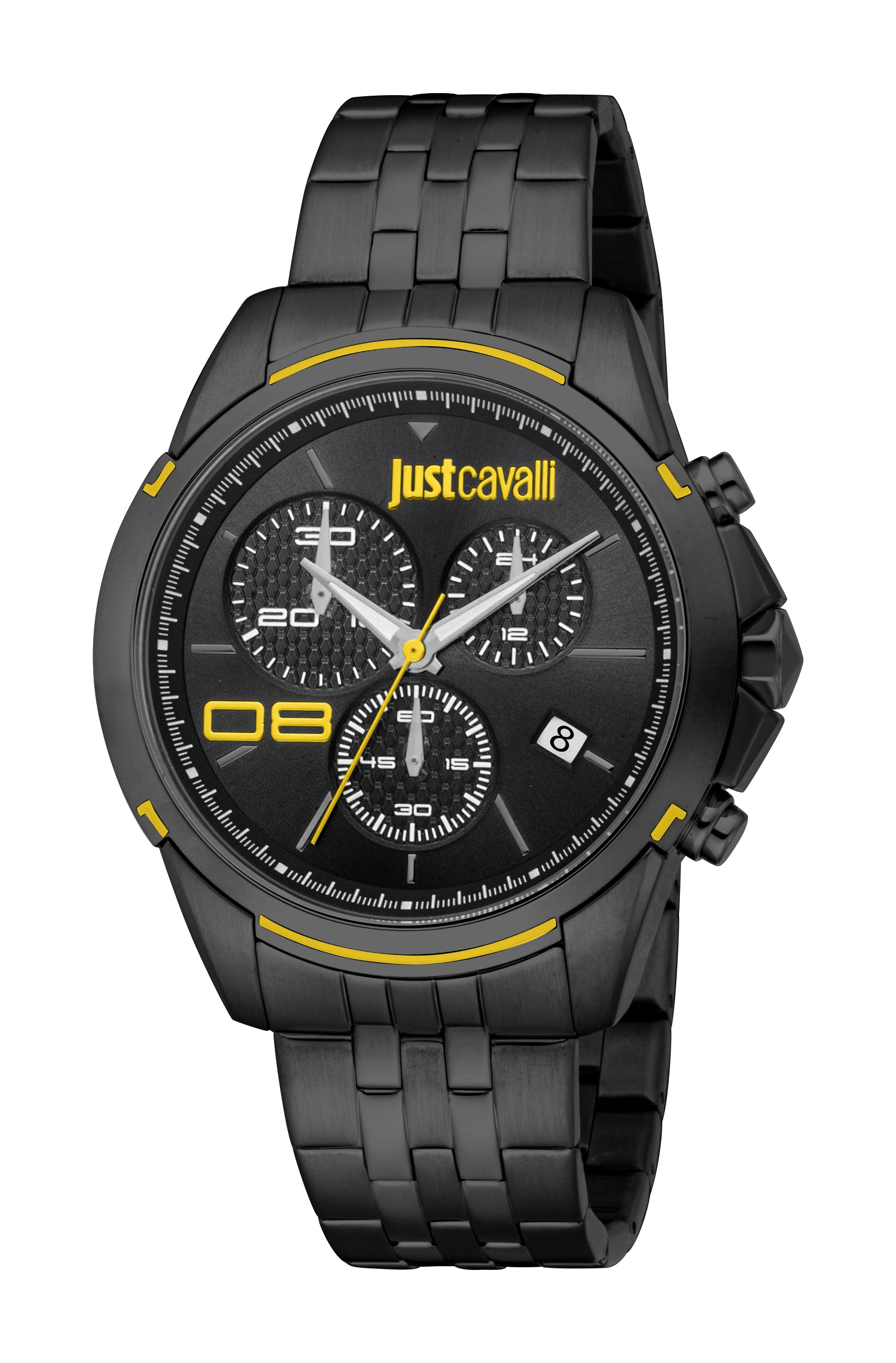 Men's black Just Cavalli chronograph watch with a black dial, yellow accents, and a black metal link bracelet.