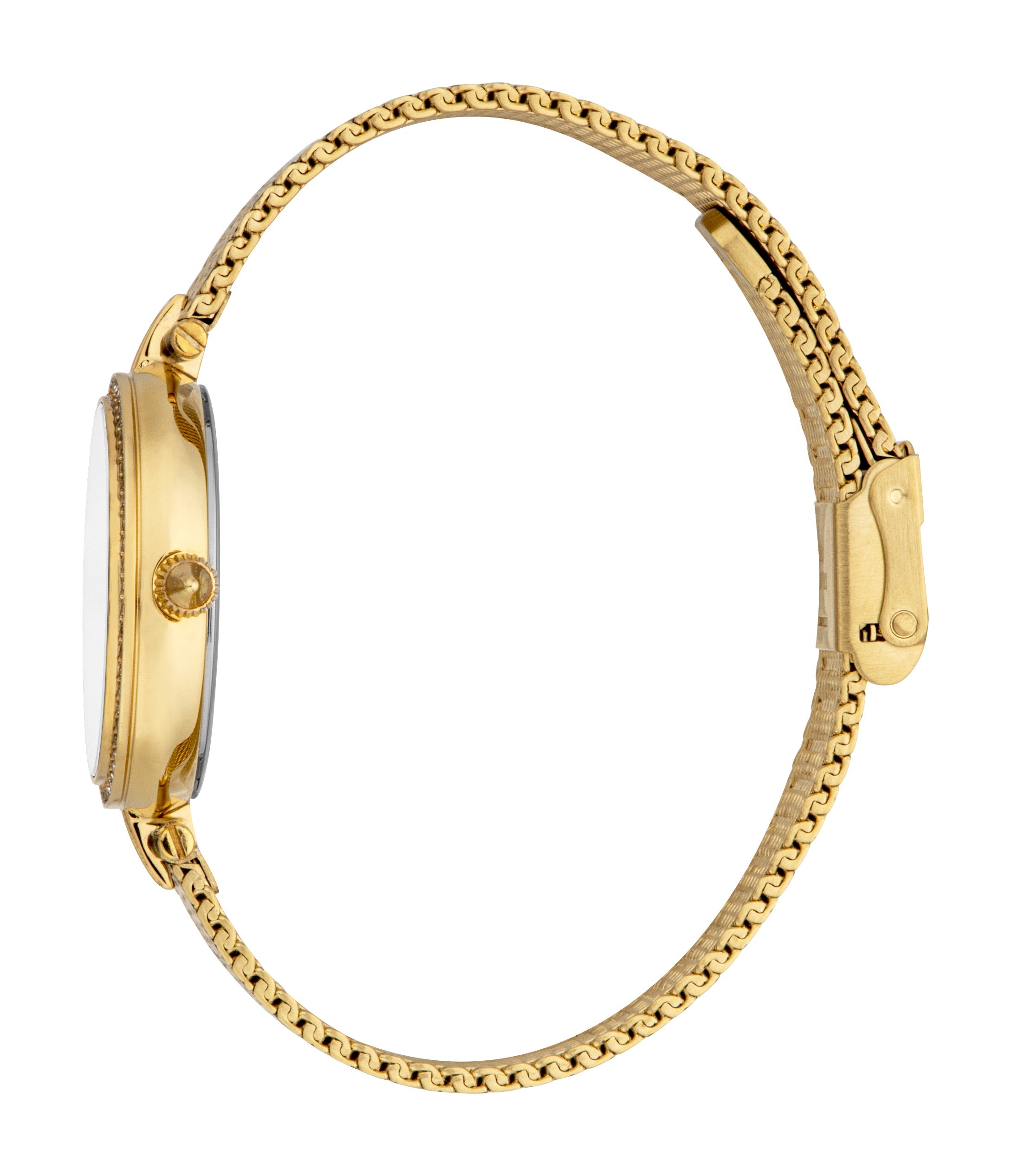 Gold-toned watch with a round case, crystal-embellished bezel, textured crown, and a gold-toned mesh bracelet with a brushed