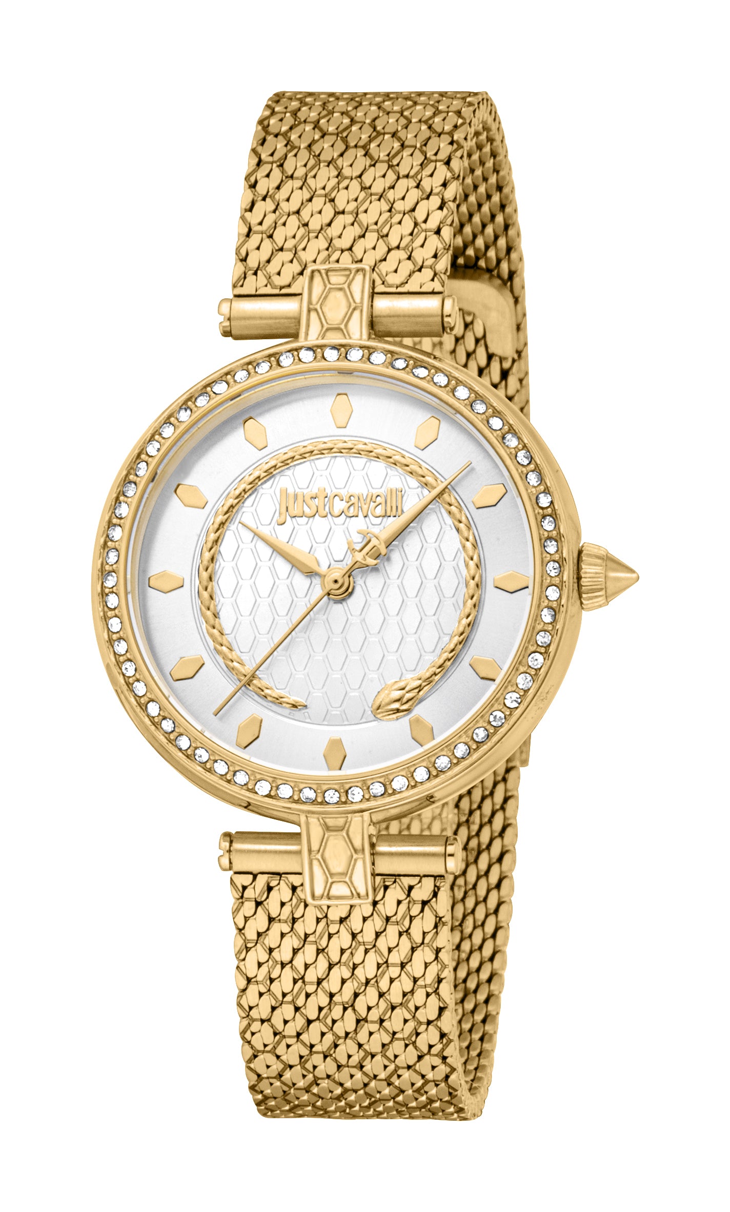 Gold-toned round watch with a silver-toned dial, gold-toned mesh bracelet, and crystal-embellished bezel.