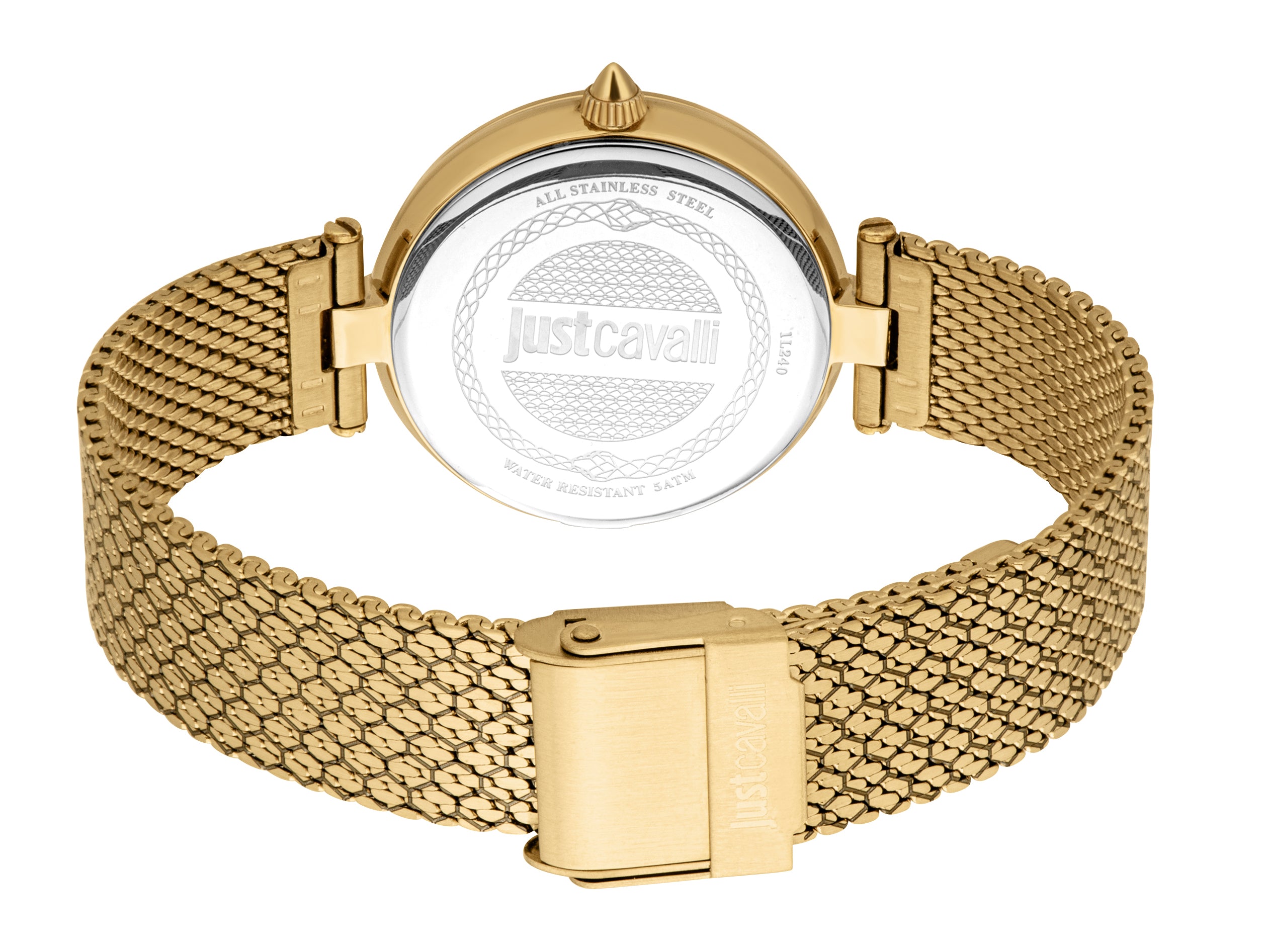 Gold-toned watch with a mesh band, gold-toned case, crown, clasp, and silver-toned case back with 'Just Cavalli' logo.