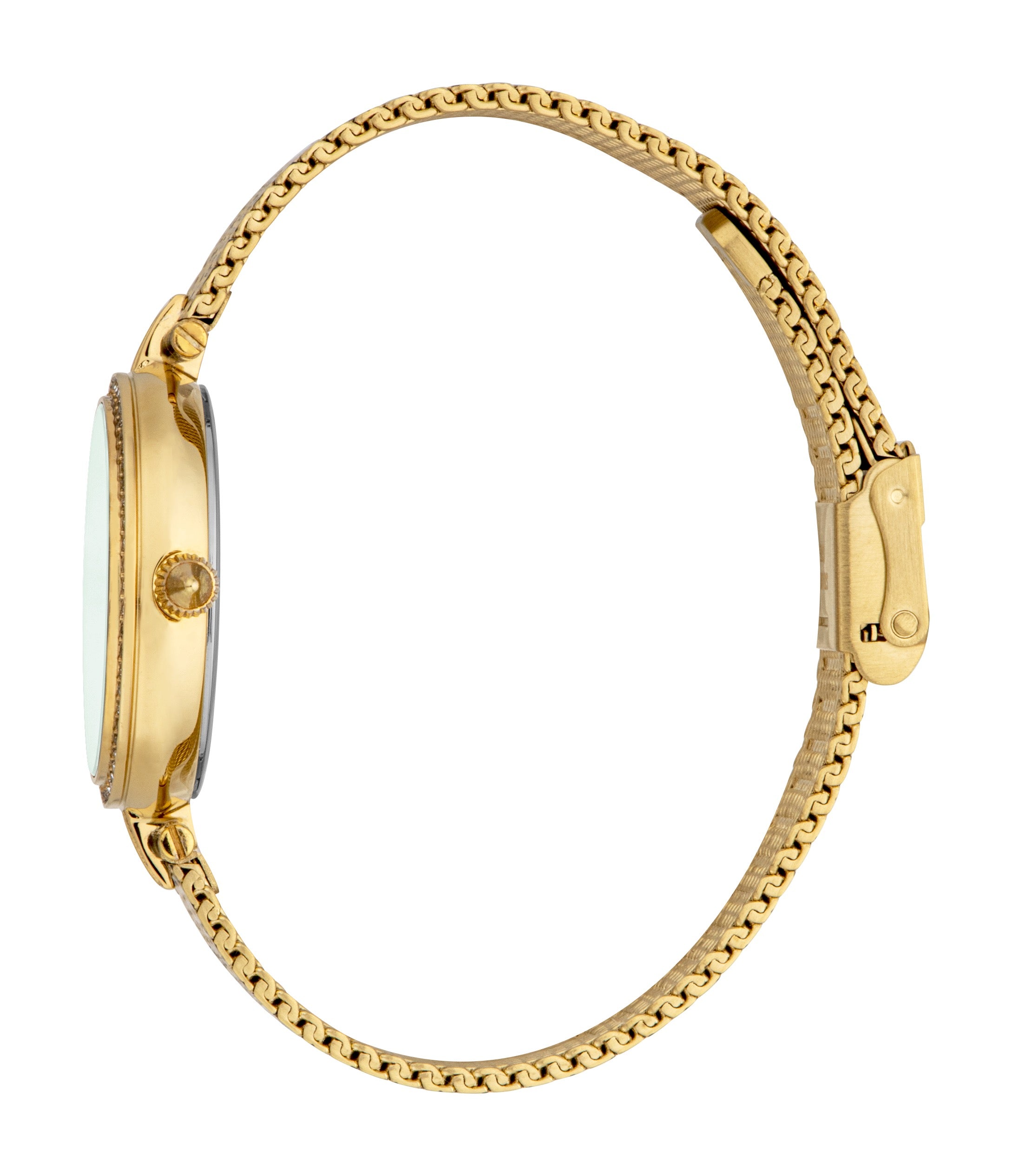 Gold-toned watch with a round case, crystal-embellished bezel, crown, and a gold-toned mesh band with a clasp.
