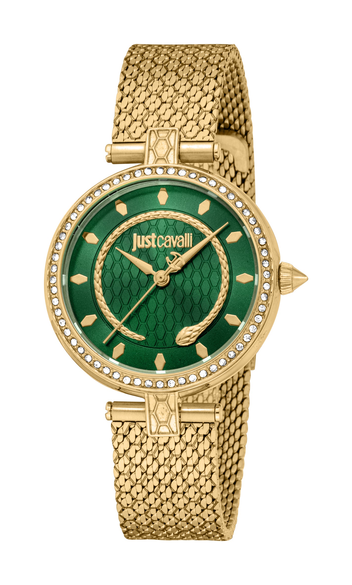 Just Cavalli women's watch with gold colour round case, dark green dial with snake motif, and gold colour mesh bracelet.