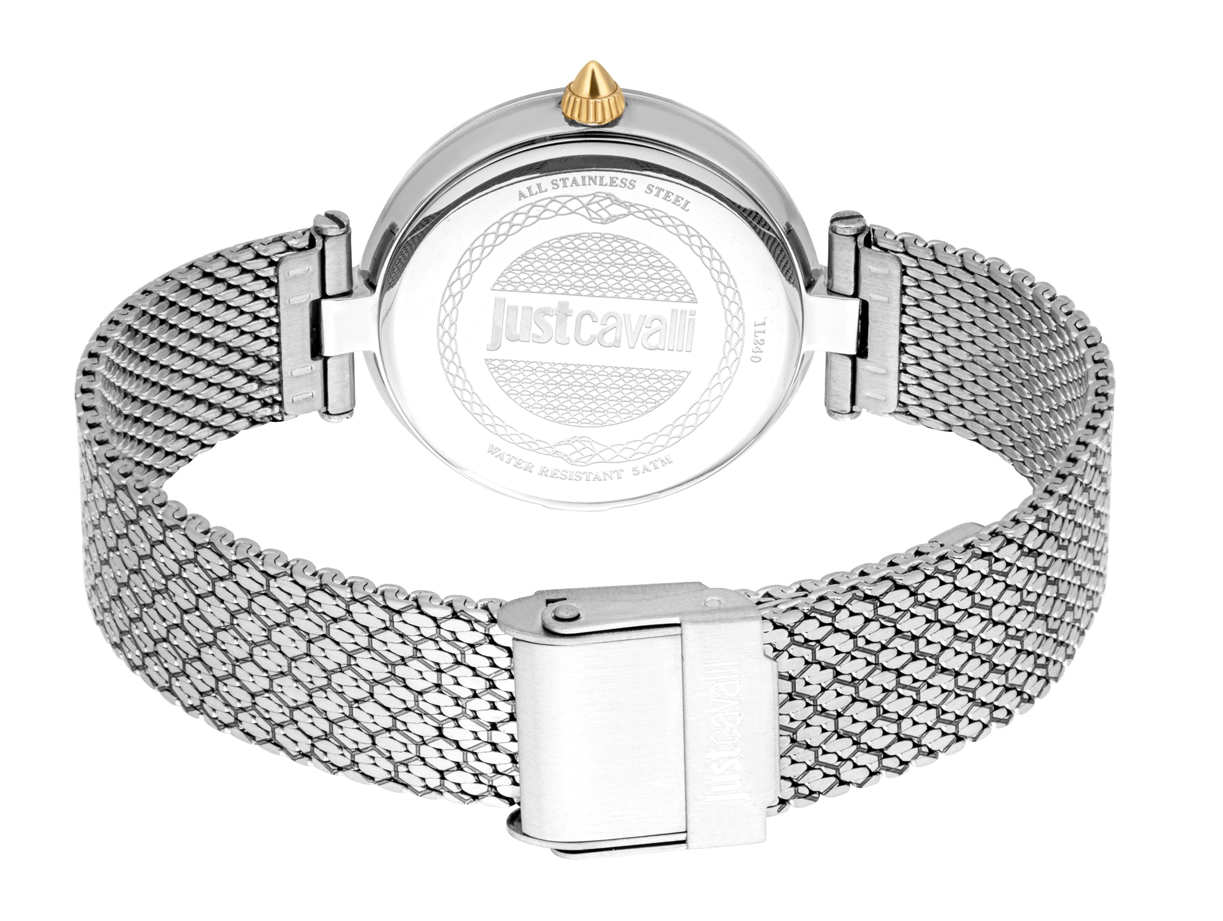 Silver-toned watch with a mesh strap, gold-toned pointed crown, and silver-toned case back with engraved logo.