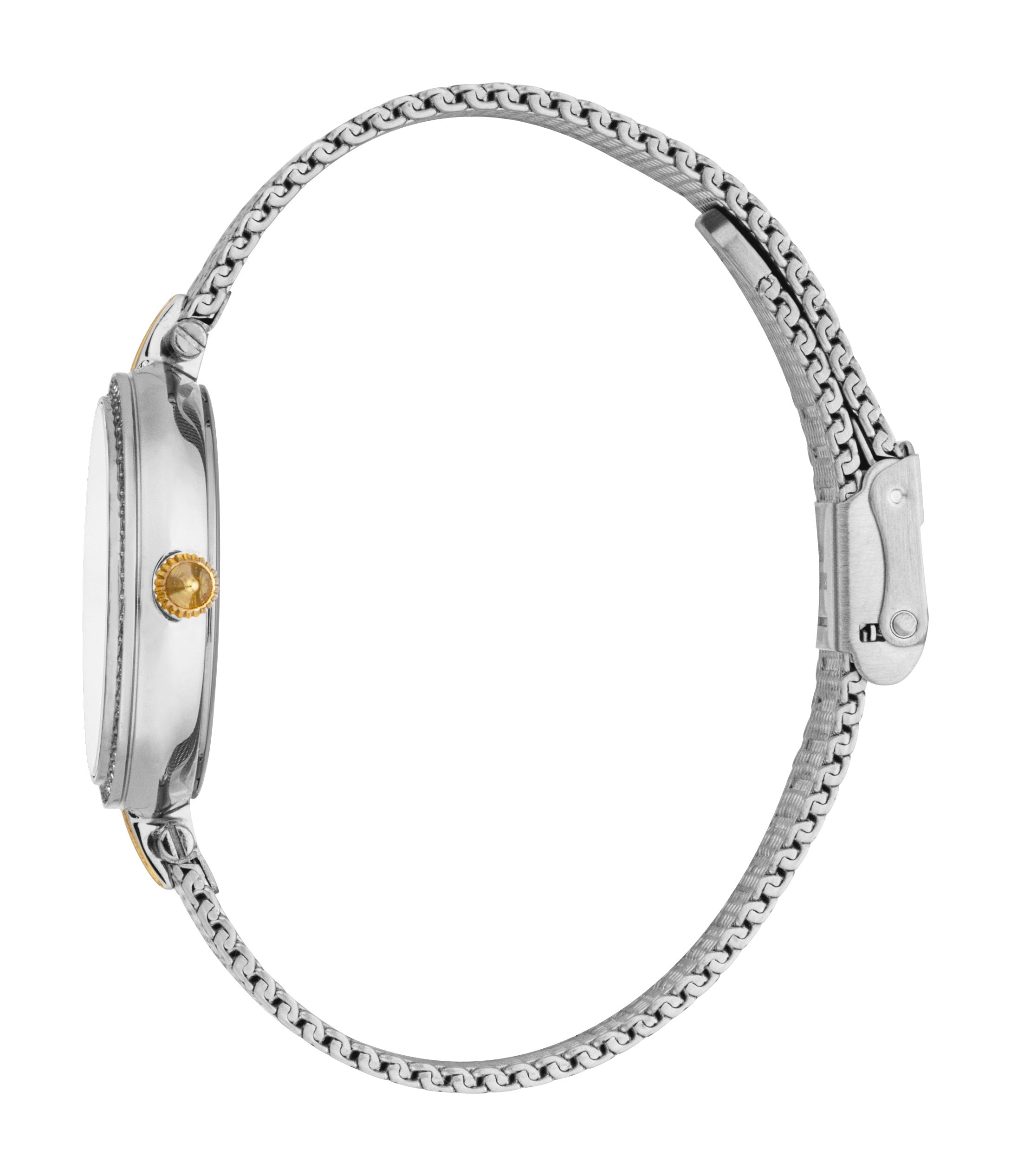 Two-tone silver and gold-toned watch with an embellished round case, gold-toned textured crown, and silver-toned mesh strap w
