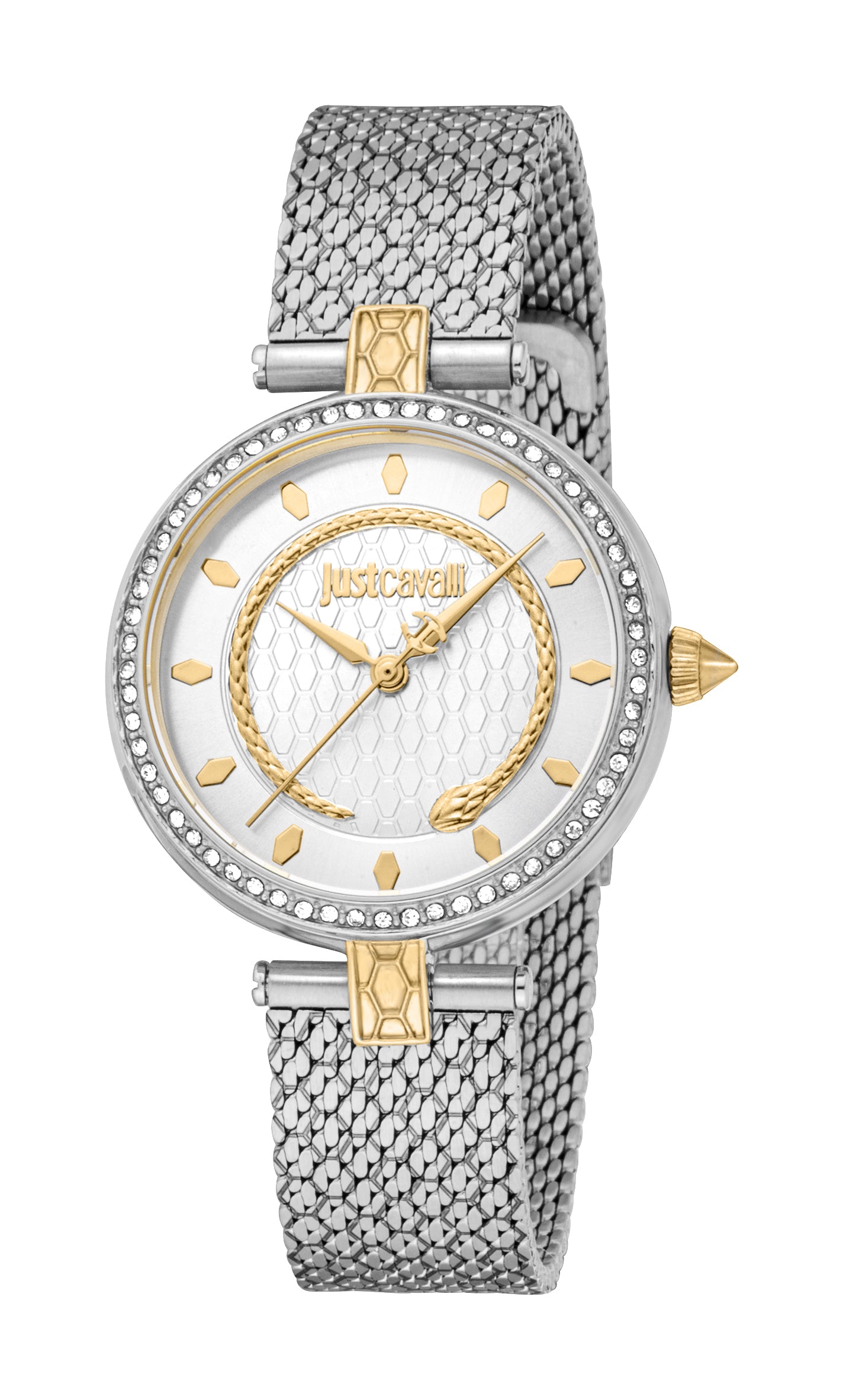 Just Cavalli women's watch with a silver-toned mesh strap, silver-toned case, gold-toned accents, and a silver dial.
