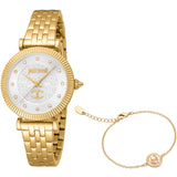 Just Cavalli Unleashed Ladies Silver Gray Dial Yellow Gold Watch and Bracelet Set