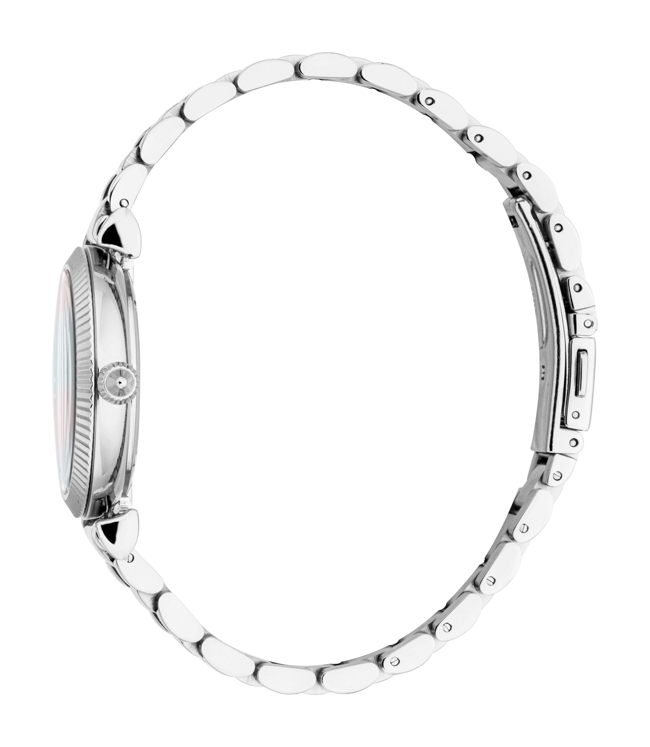 Silver-toned stainless steel watch with a round case, fluted bezel, white mother-of-pearl dial, and link bracelet with a hidd