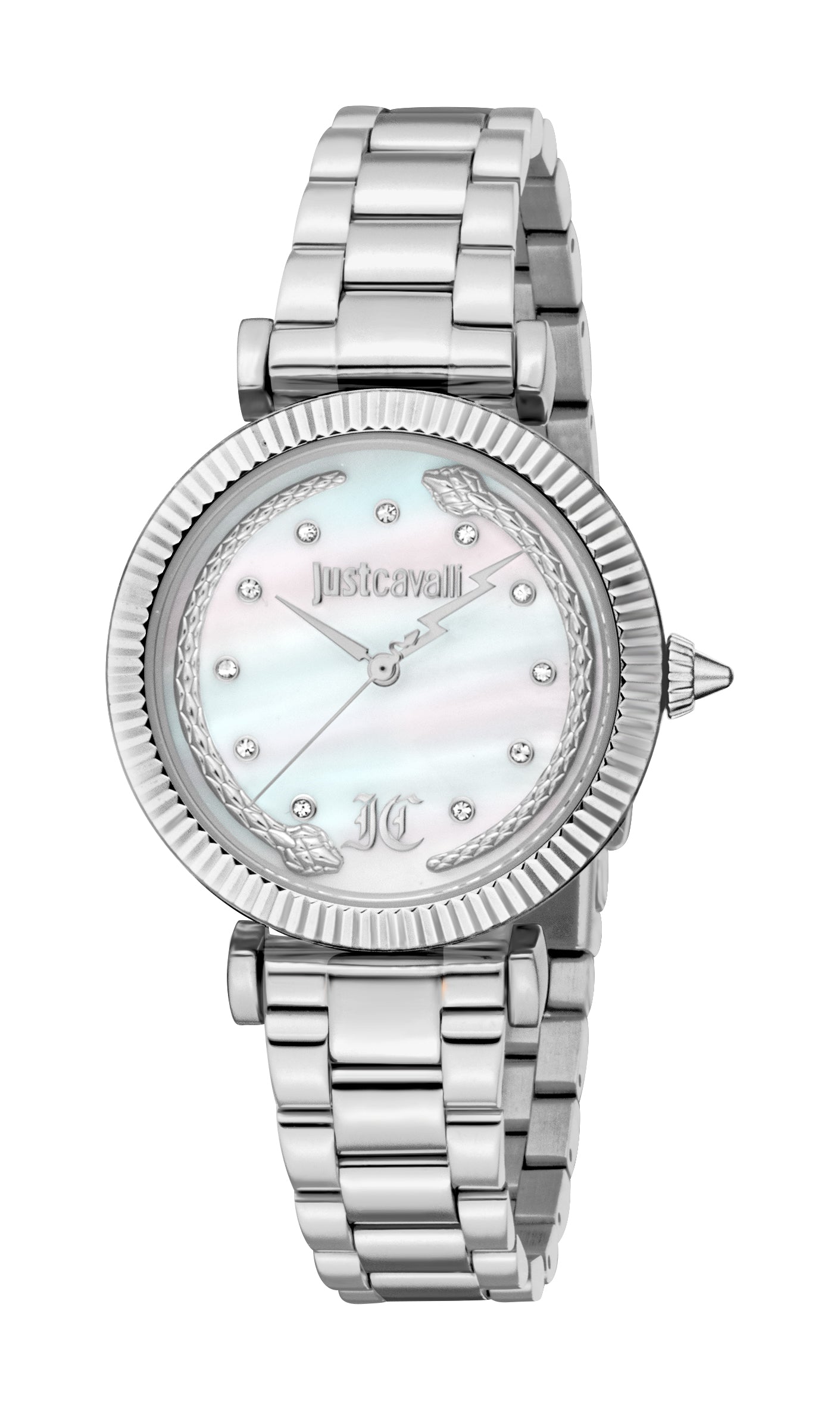 Silver-toned Just Cavalli women's watch with white Mother of Pearl dial, crystal markers, and snake motif