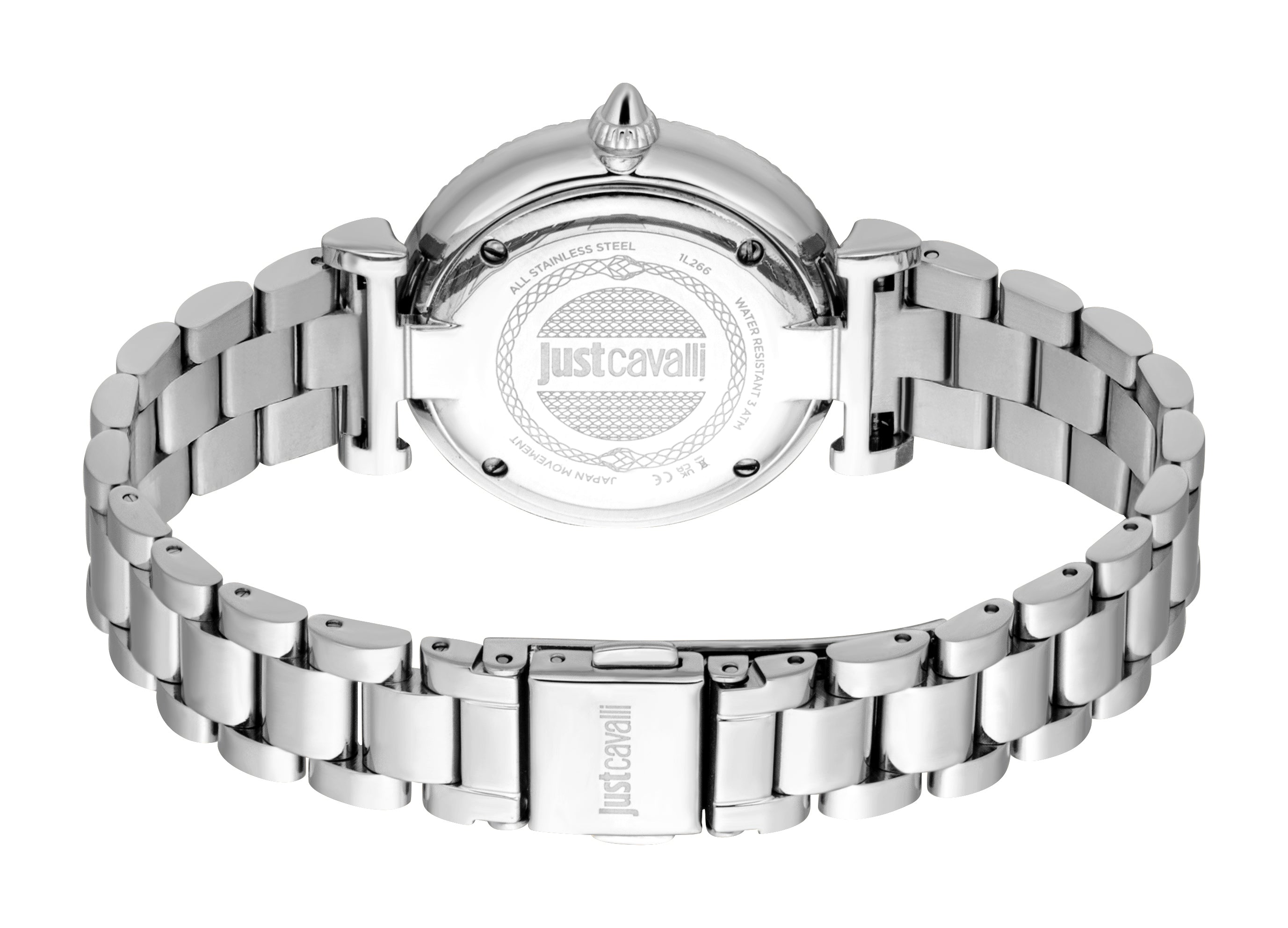 Back view of a silver-toned stainless steel watch with a link bracelet. The case back features the Justcavalli logo and engra
