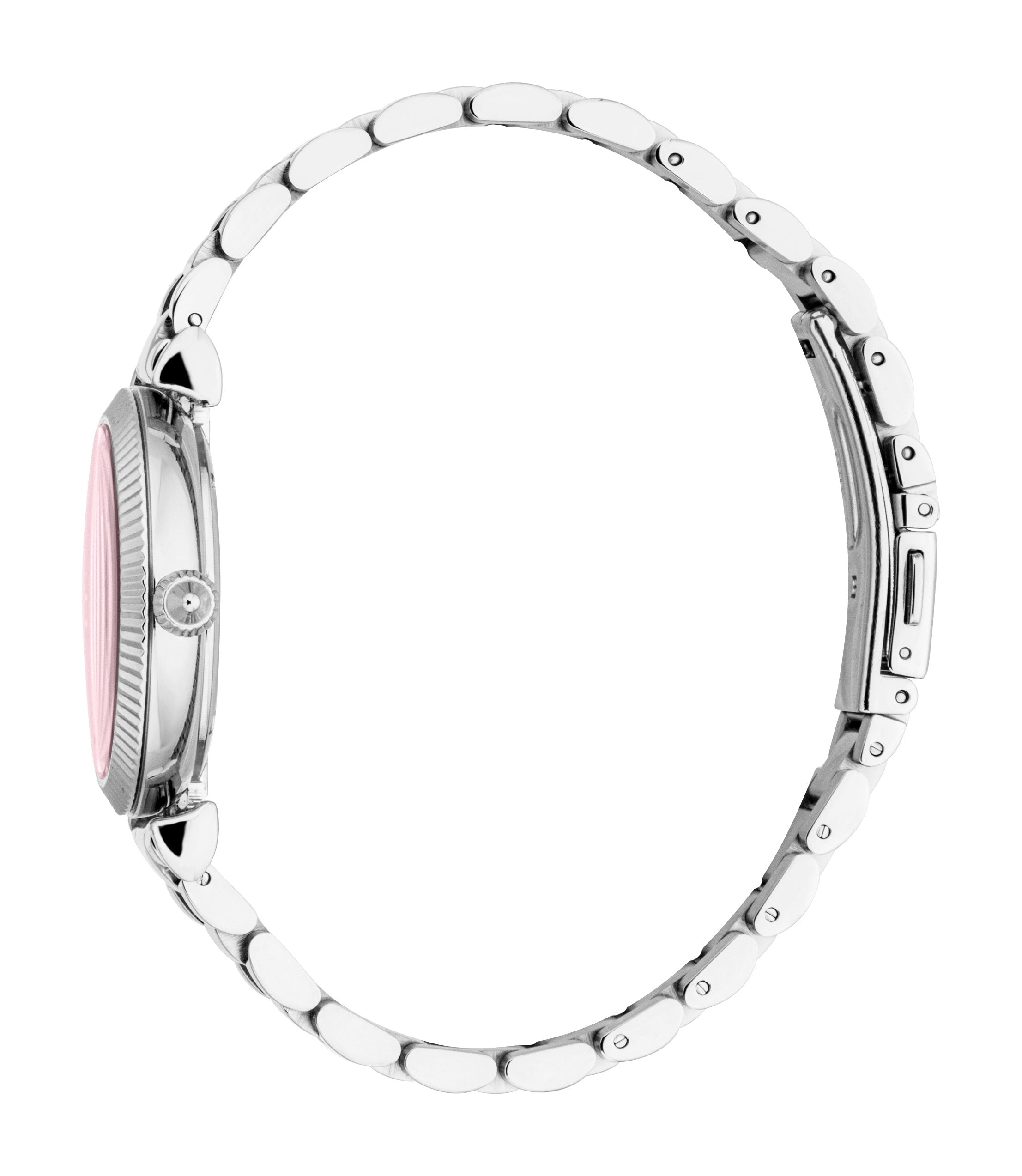 Women's watch with a silver-toned case, fluted bezel, light pink dial, and silver-toned stainless steel link bracelet with a