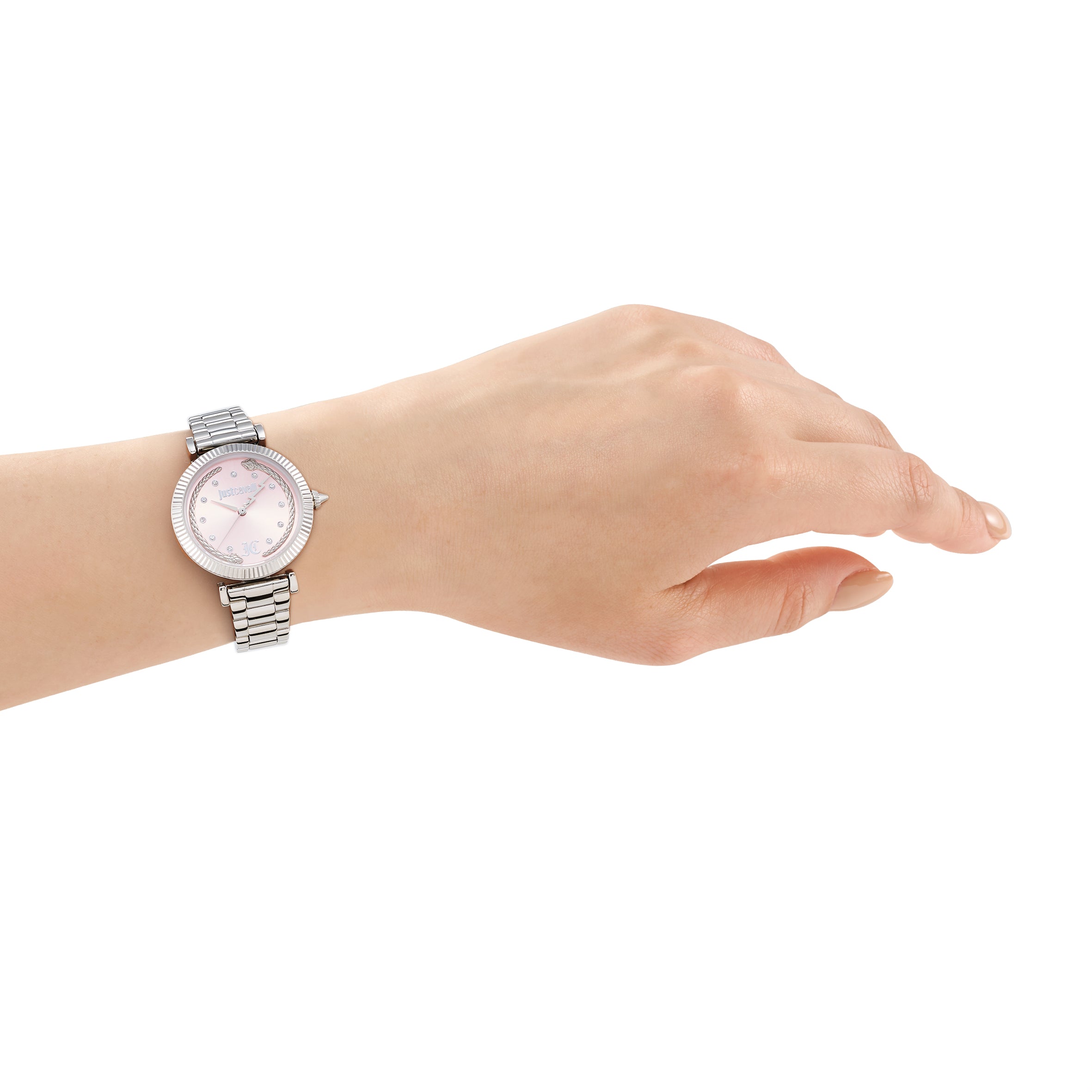 Silver-toned watch with a round, ridged case, crystal-studded bezel, light pink mother-of-pearl dial with logo, and link brac