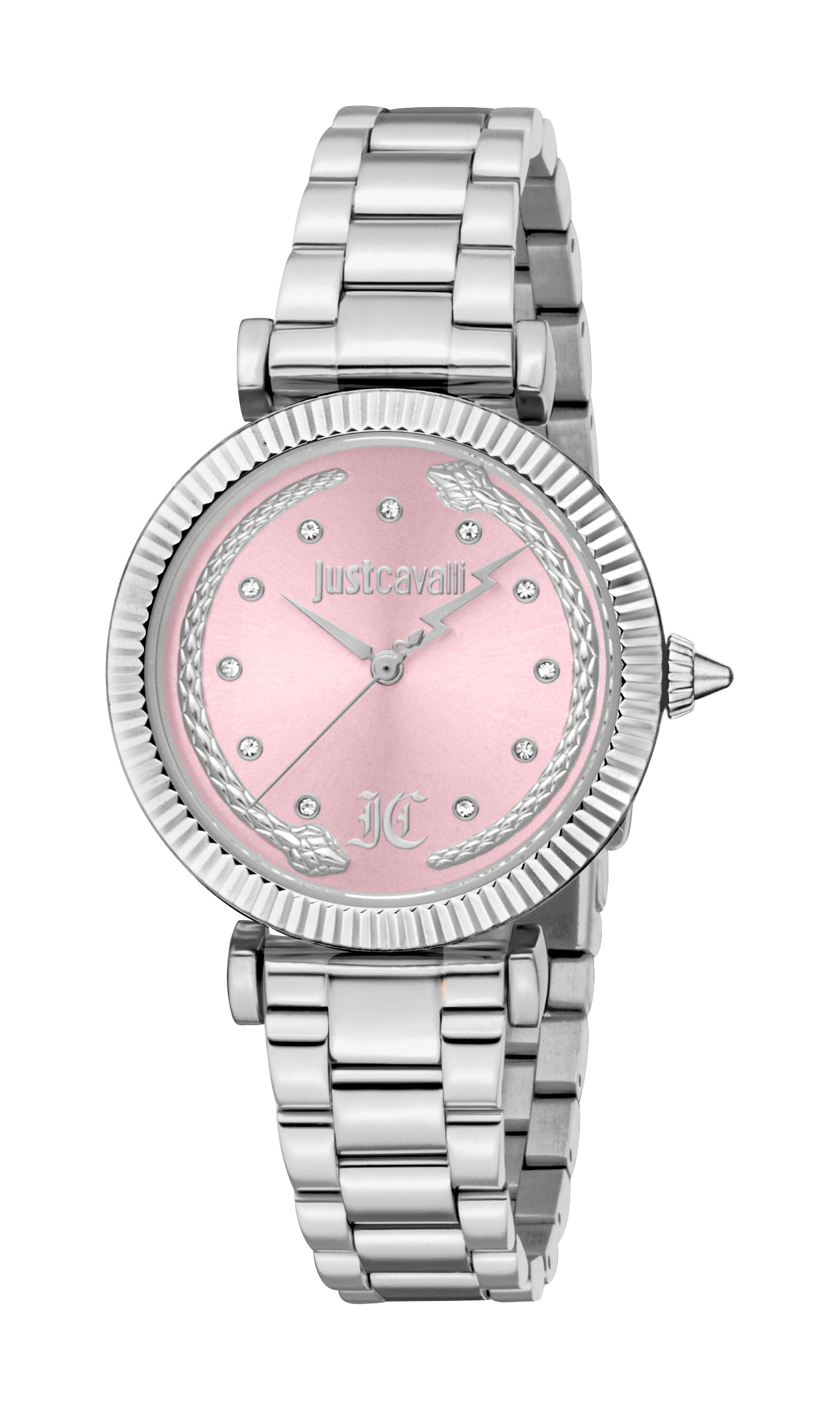 Just Cavalli women's watch with a silver-coloured stainless steel case and bracelet, light pink dial, and crystal markers.
