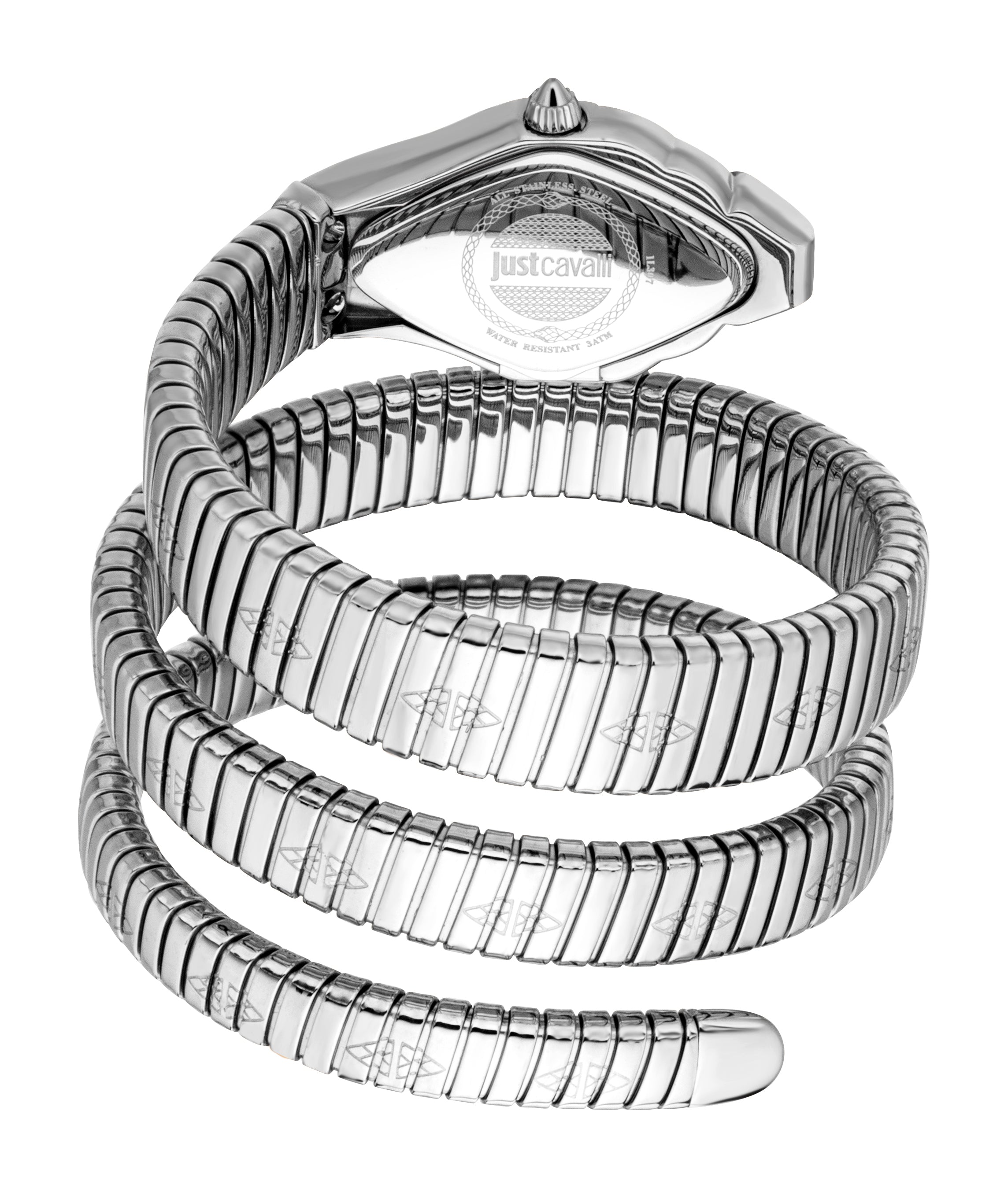 Silver-toned snake-head watch with a coiled, flexible stainless steel band featuring subtle patterns. Back of case visible.