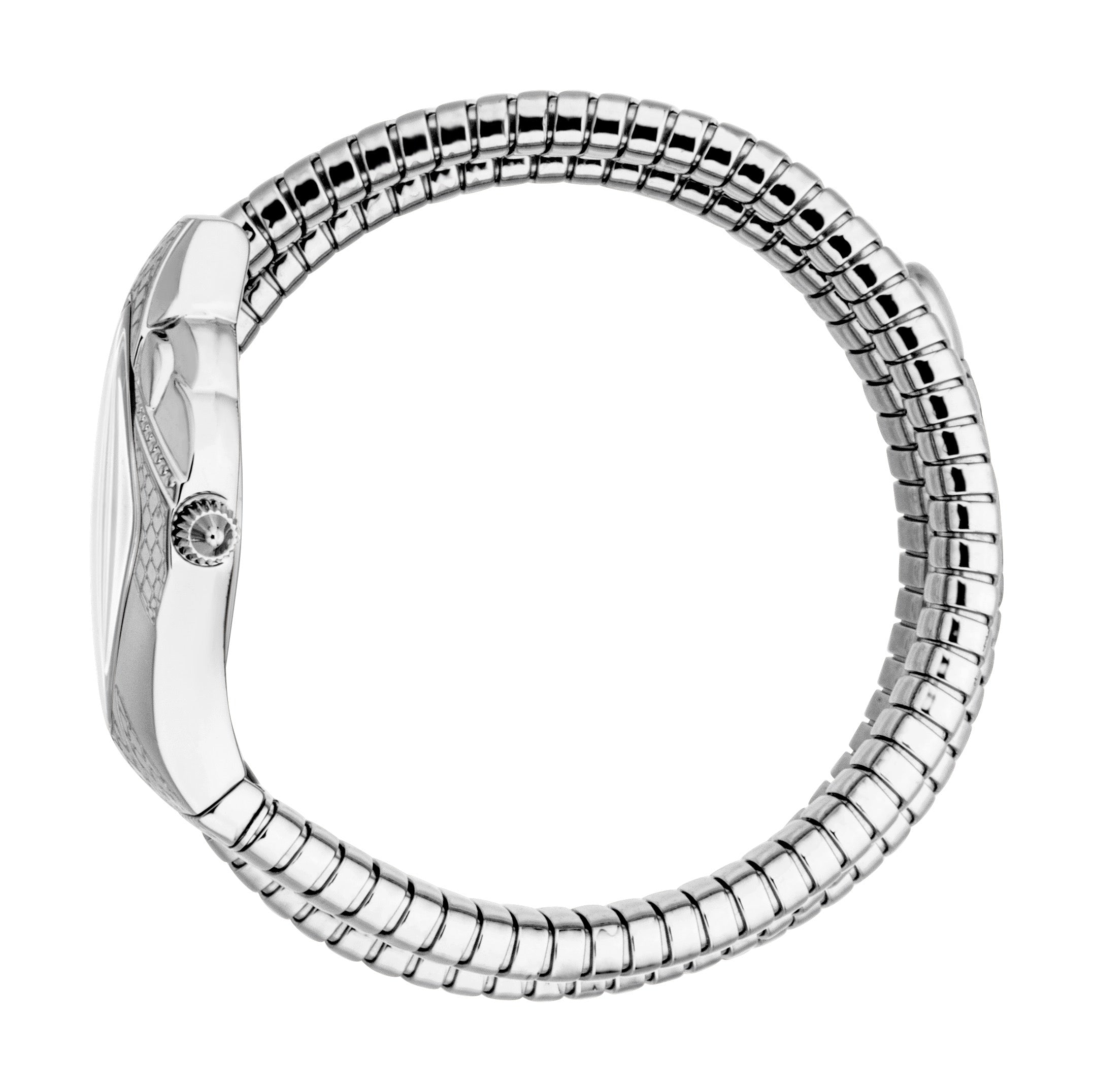 Silver-toned stainless steel watch with a flexible, double-row coiled band. The watch case features a textured scale pattern