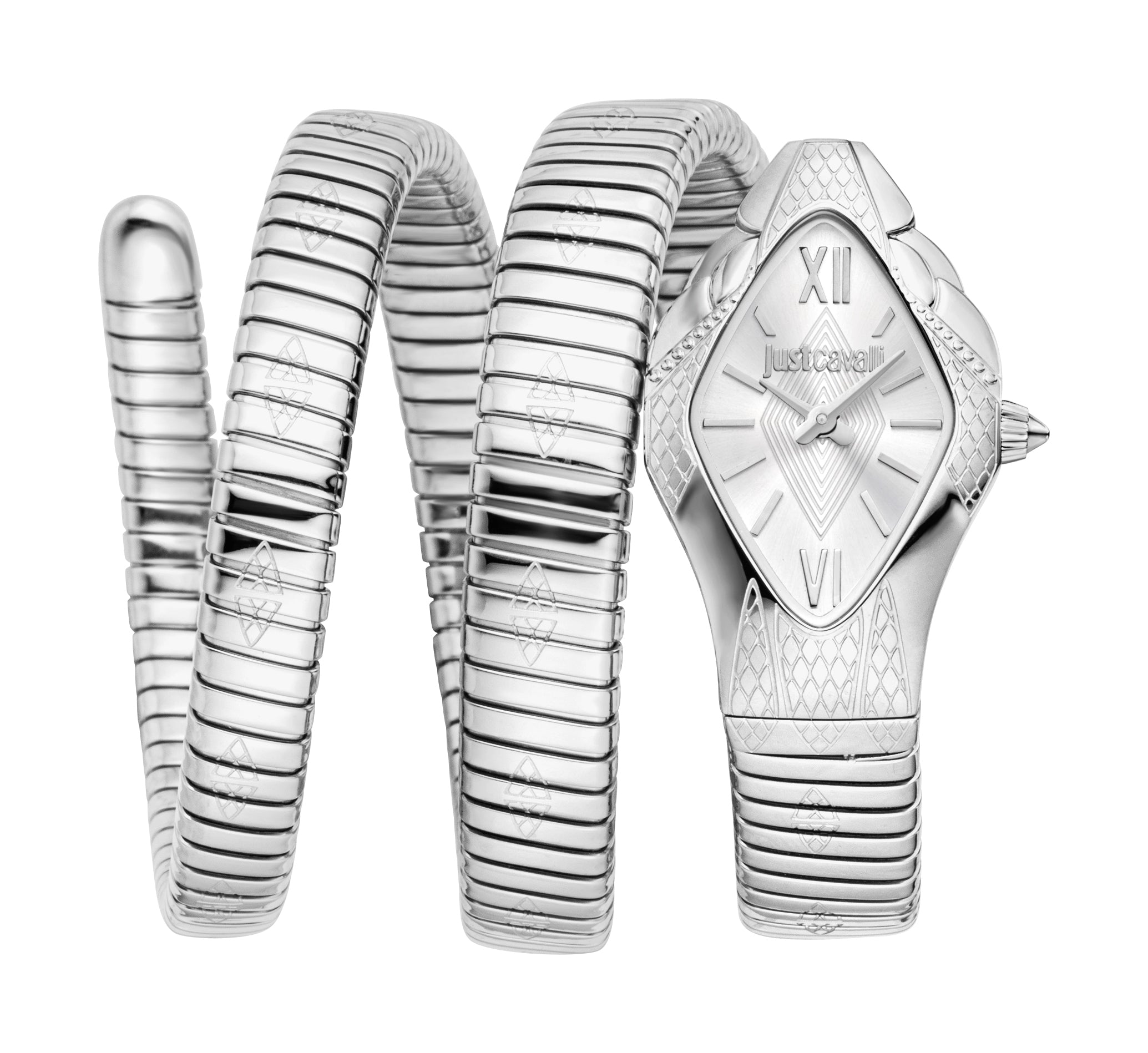 Silver-coloured Just Cavalli women's watch with a serpent-head case and a flexible, coiled stainless steel bracelet.