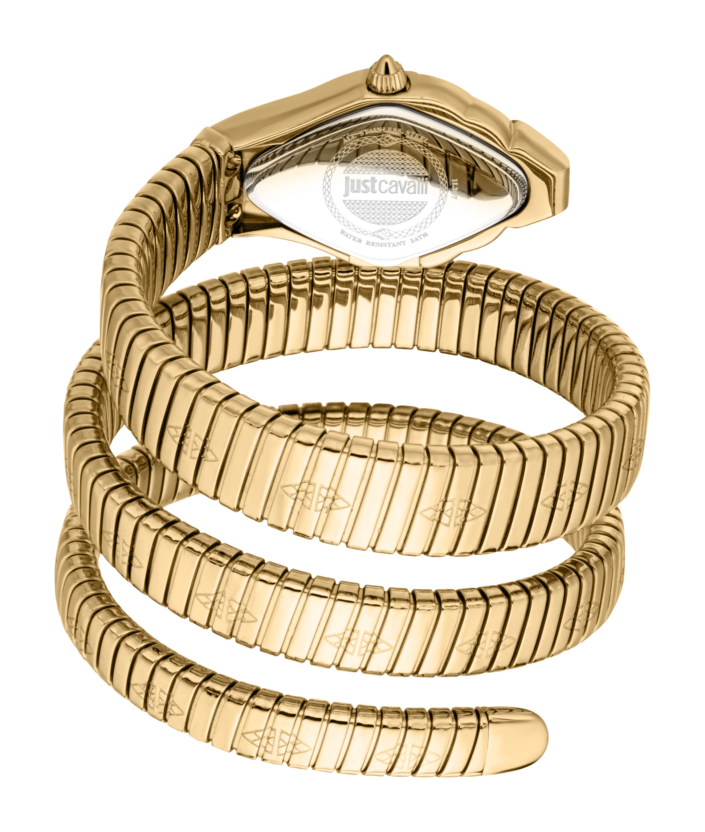 Gold-toned snake-shaped watch with a coiled metal band. The band features repeating etched patterns and a smooth tip.