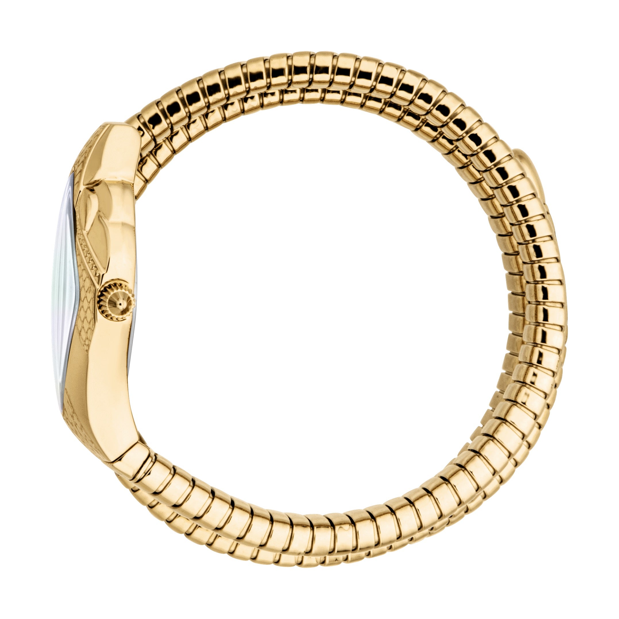 Gold-toned watch with a snake-head case, white dial, and a coiled, segmented gold-toned metal band.