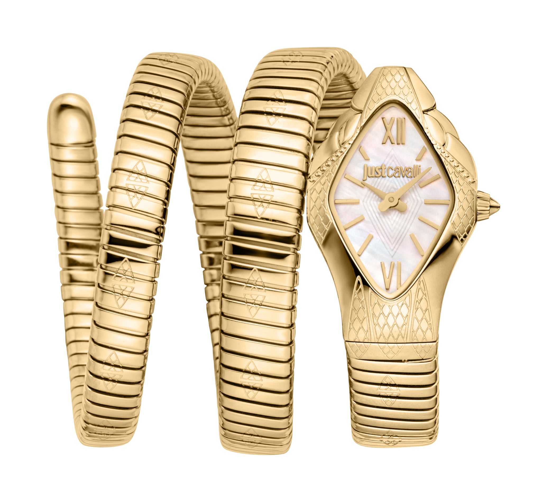 Gold-toned Just Cavalli women's watch with a coiled snake-like bracelet and a white mother-of-pearl dial.