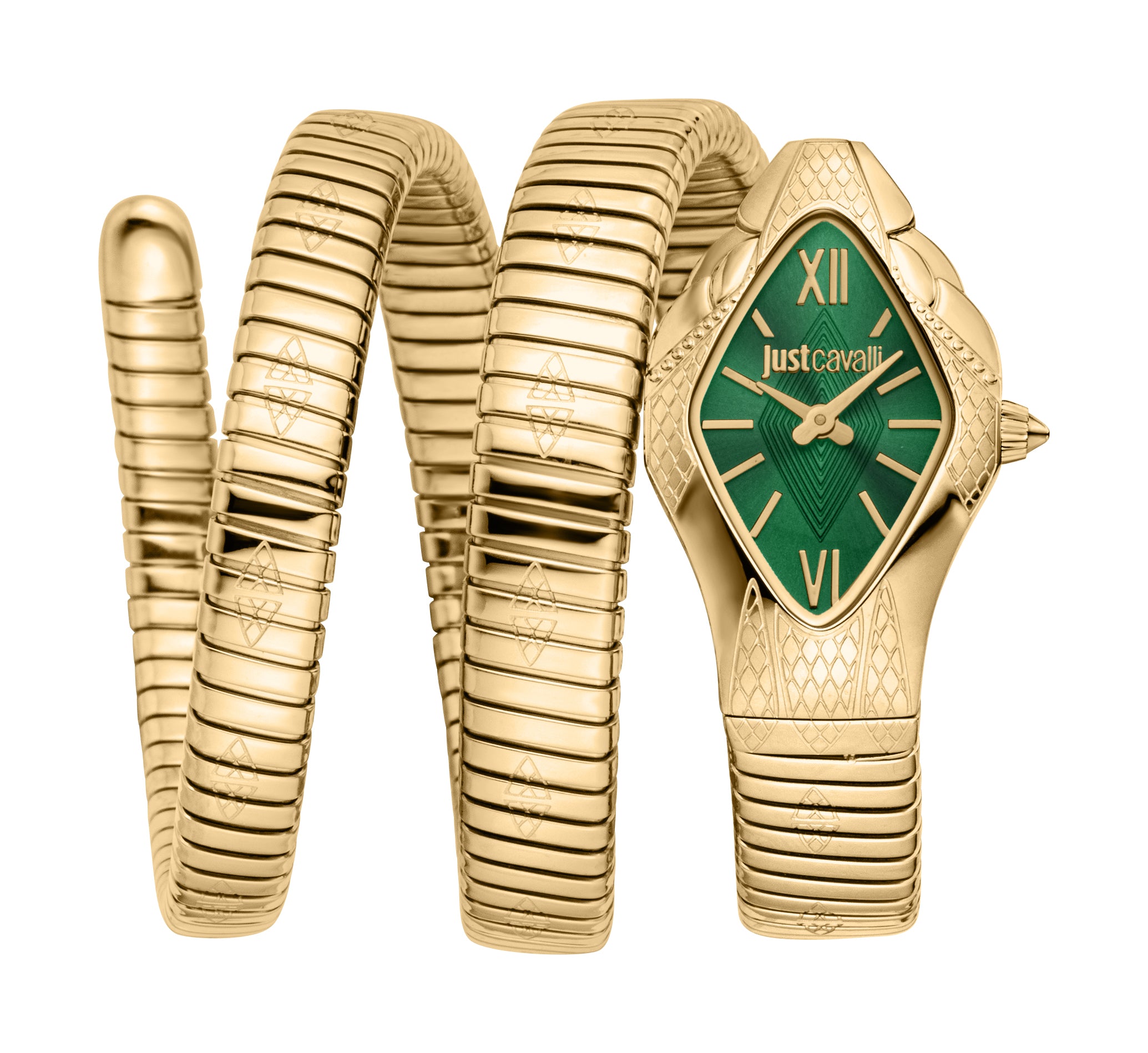 Gold-toned coiled bracelet watch with an elongated, diamond-shaped case and dark green dial featuring Roman numerals.