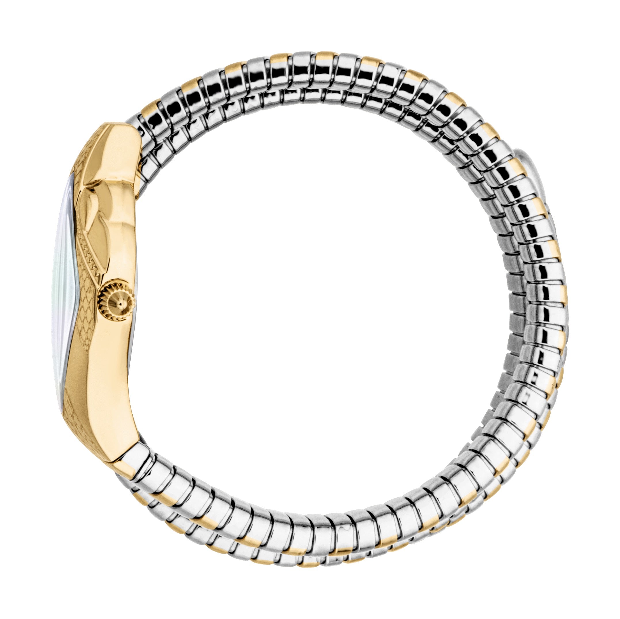 Gold-toned watch with white dial and two-tone silver-toned and gold-toned coiled bracelet. Case has a scale-like texture.