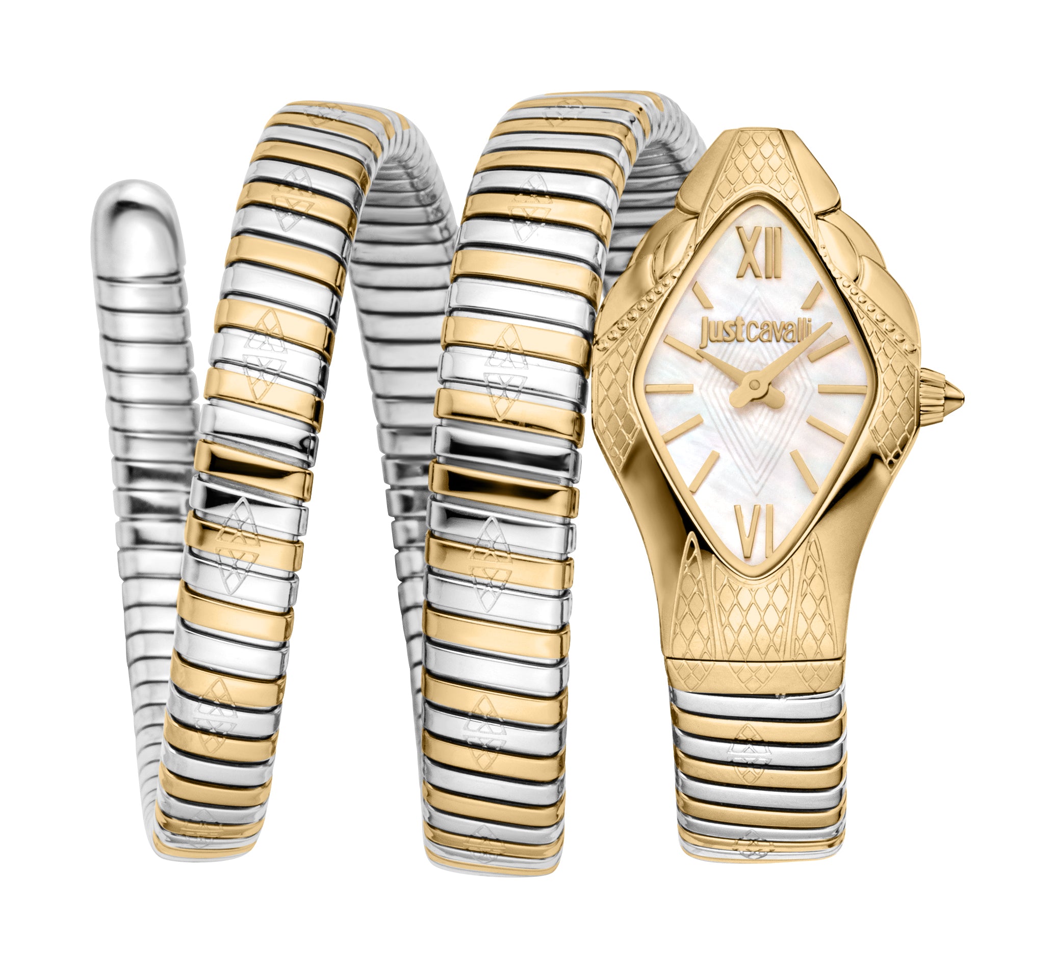 Just Cavalli women's watch featuring a gold-toned case, white mother of pearl dial, and a two-tone gold-toned and silver-tone