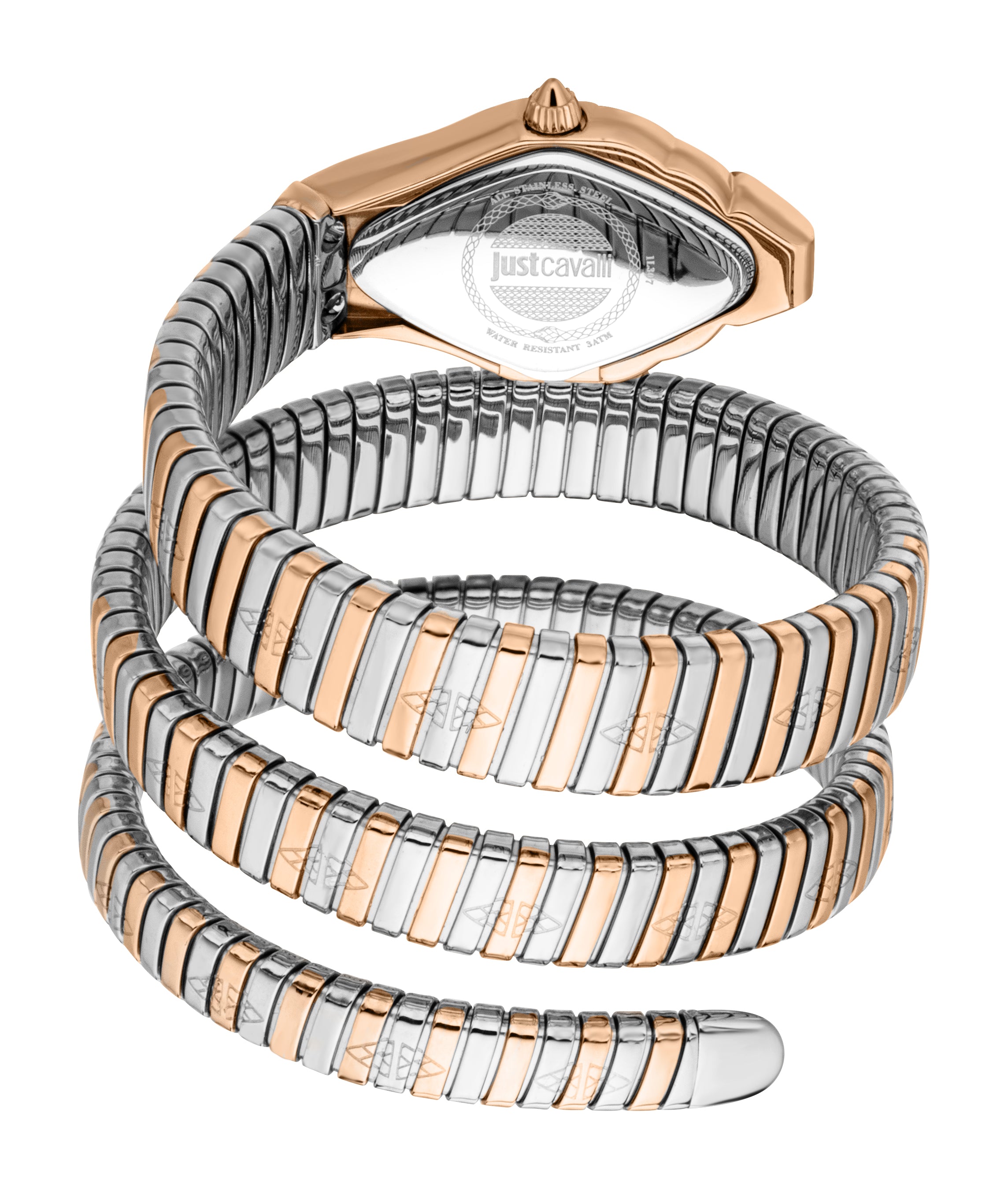 Rose-gold-toned watch case with a coiled bracelet featuring alternating silver-toned and rose-gold-toned rectangular links.