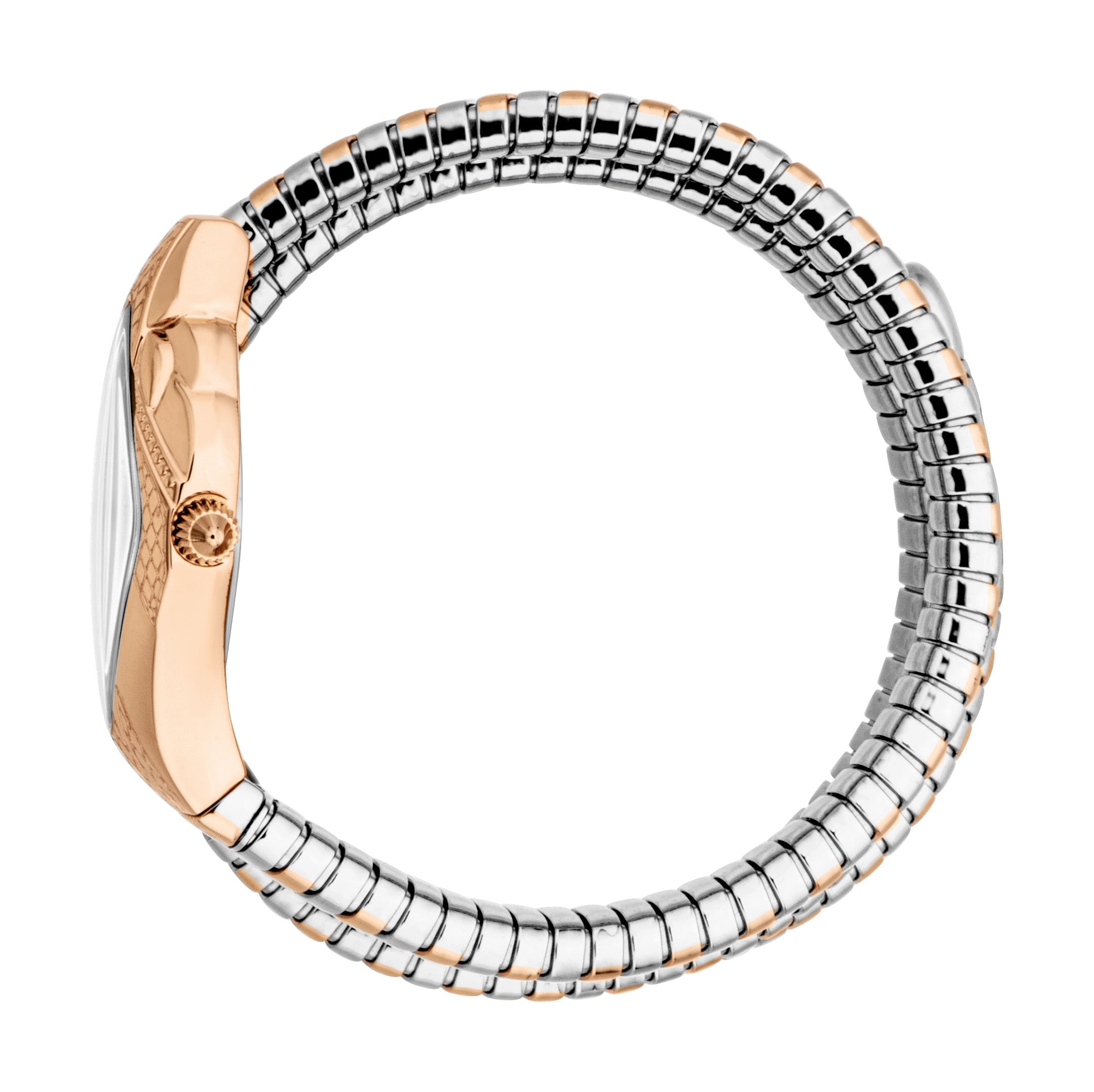 Rose-gold-toned watch with a silver-toned dial and a two-tone silver and rose-gold-toned flexible snake-like band.