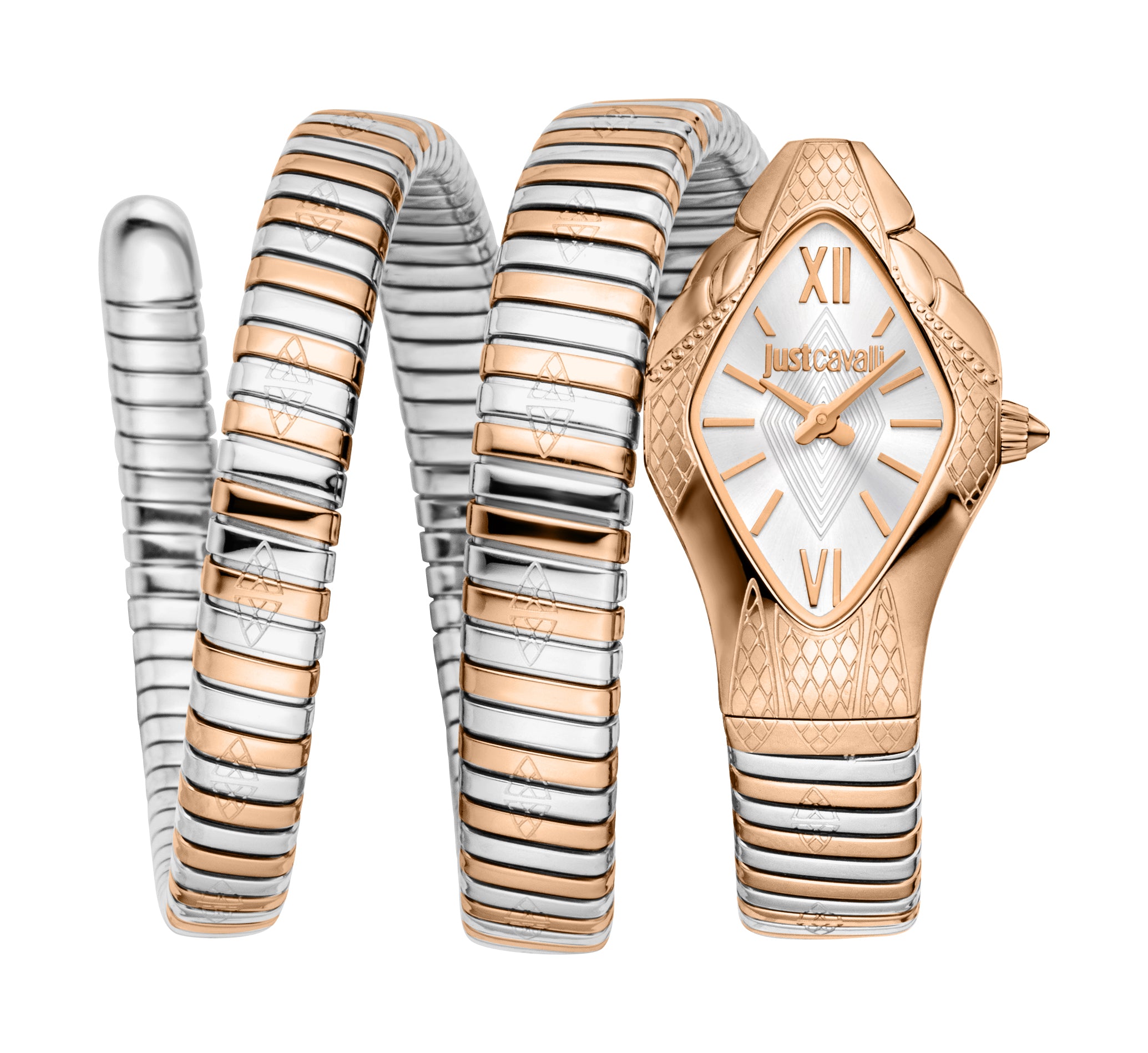 Rose gold-toned and silver-toned coiled watch with a diamond-shaped case and silver dial featuring Roman numerals.