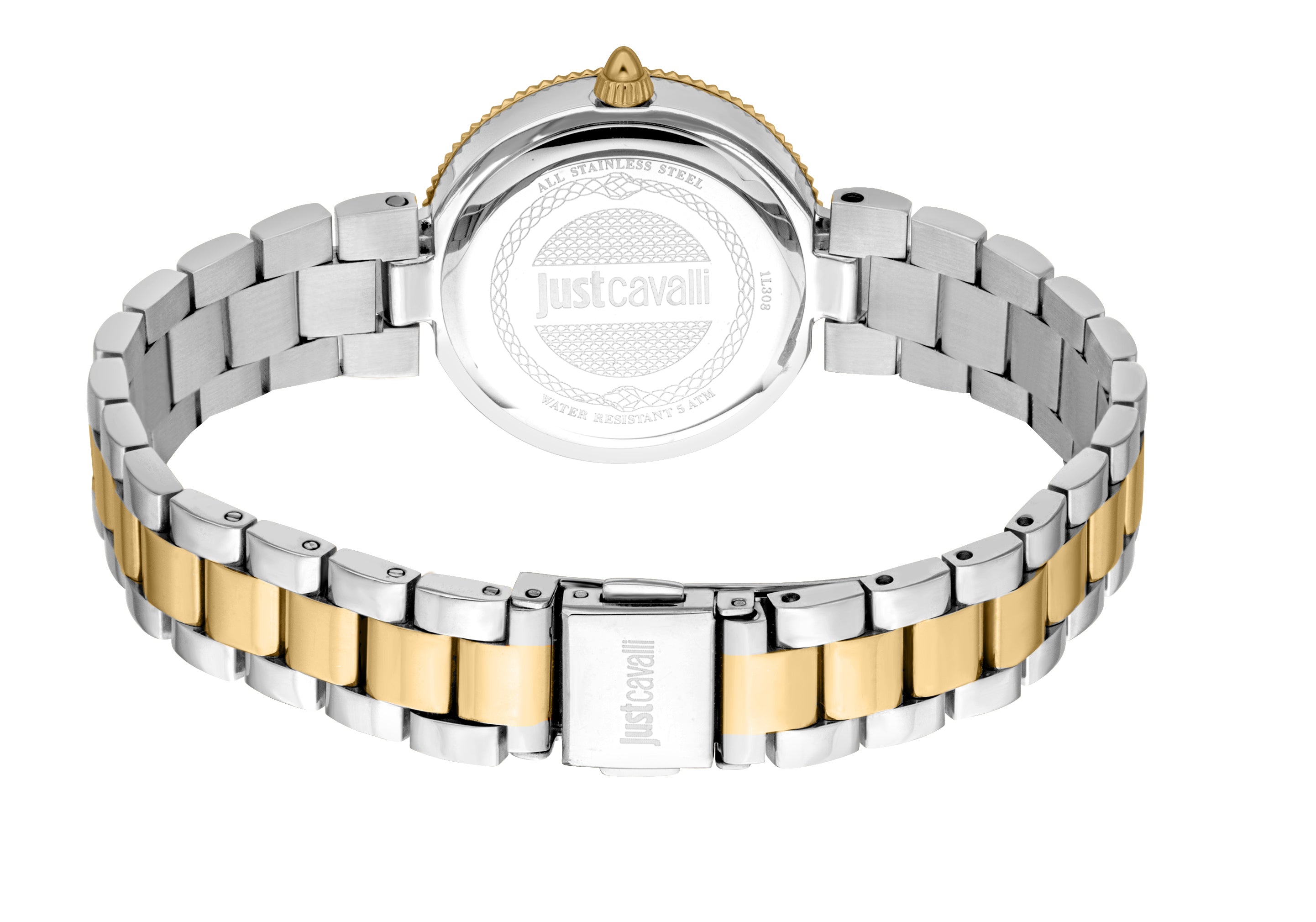 Back of a two-tone watch. Silver-toned case with gold-toned ridged bezel & crown. Bracelet has silver-toned & gold-toned link