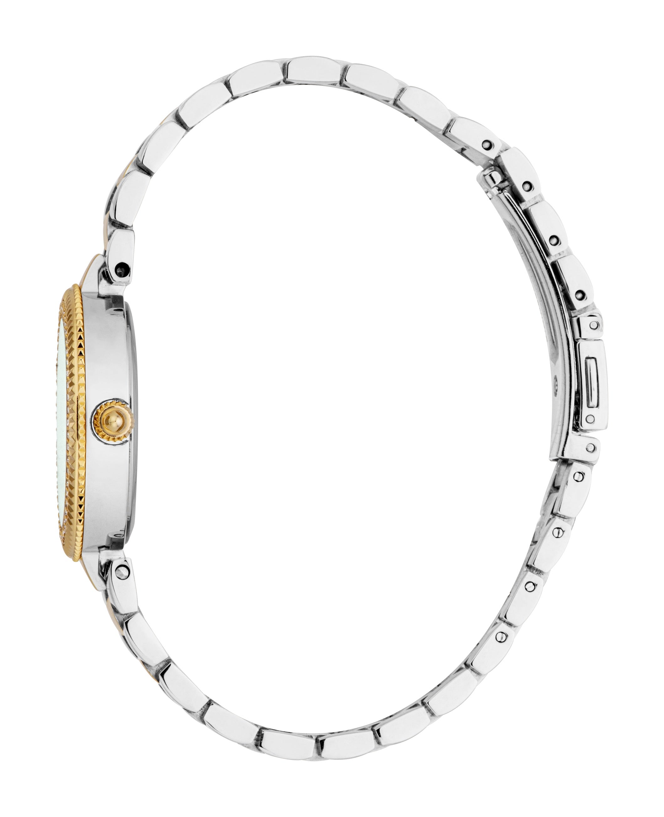 Women's watch with a silver-toned case, gold-toned textured bezel, gold-toned crown, and a two-tone silver and gold-toned lin