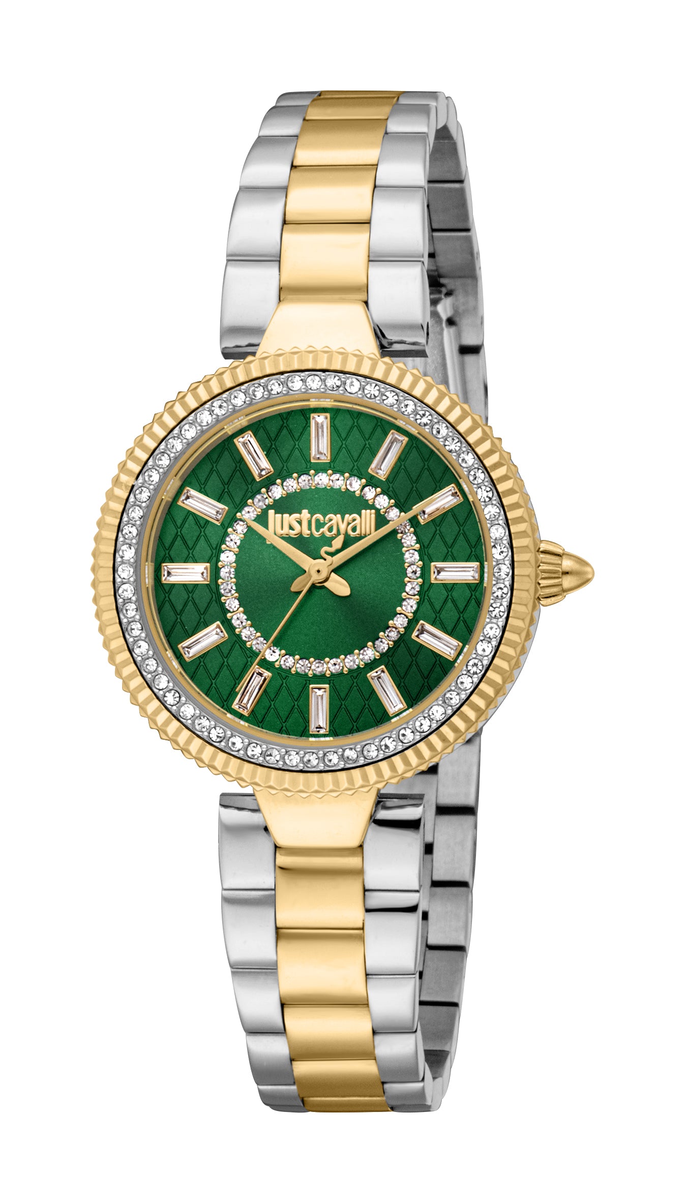 Just Cavalli women's two-tone silver-toned and gold-toned metal watch with a dark green textured dial and clear stone embelli
