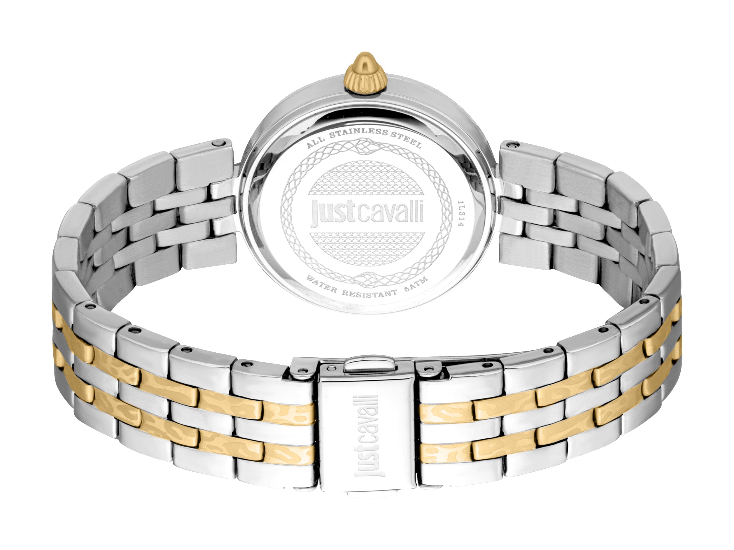 Back of a two-toned watch with a silver-toned case and gold-toned crown. Bracelet features smooth silver-toned and textured g