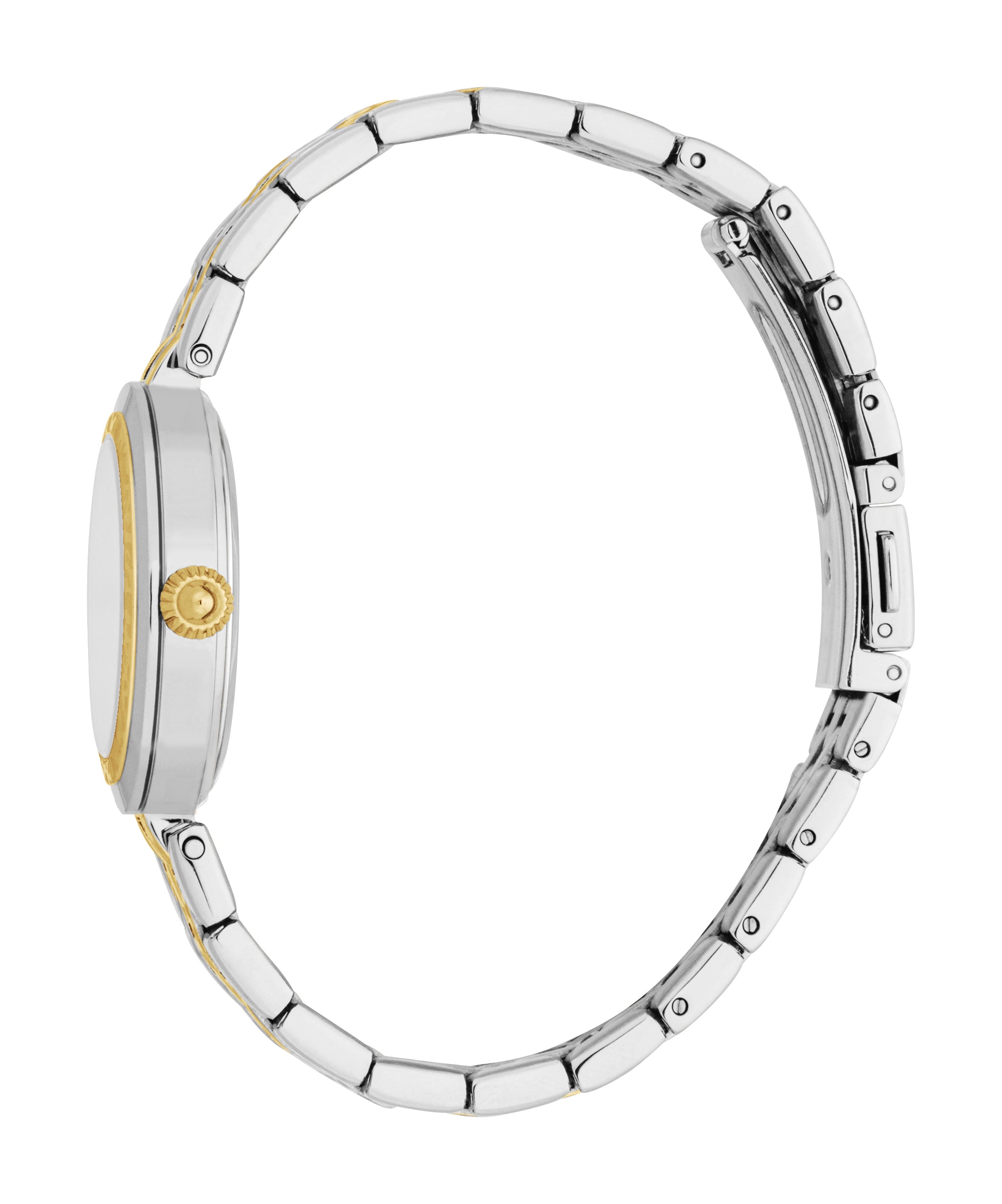 Two-toned women's watch with a silver-toned case, gold-toned bezel and crown, silver-toned dial, and a silver-toned and gold-