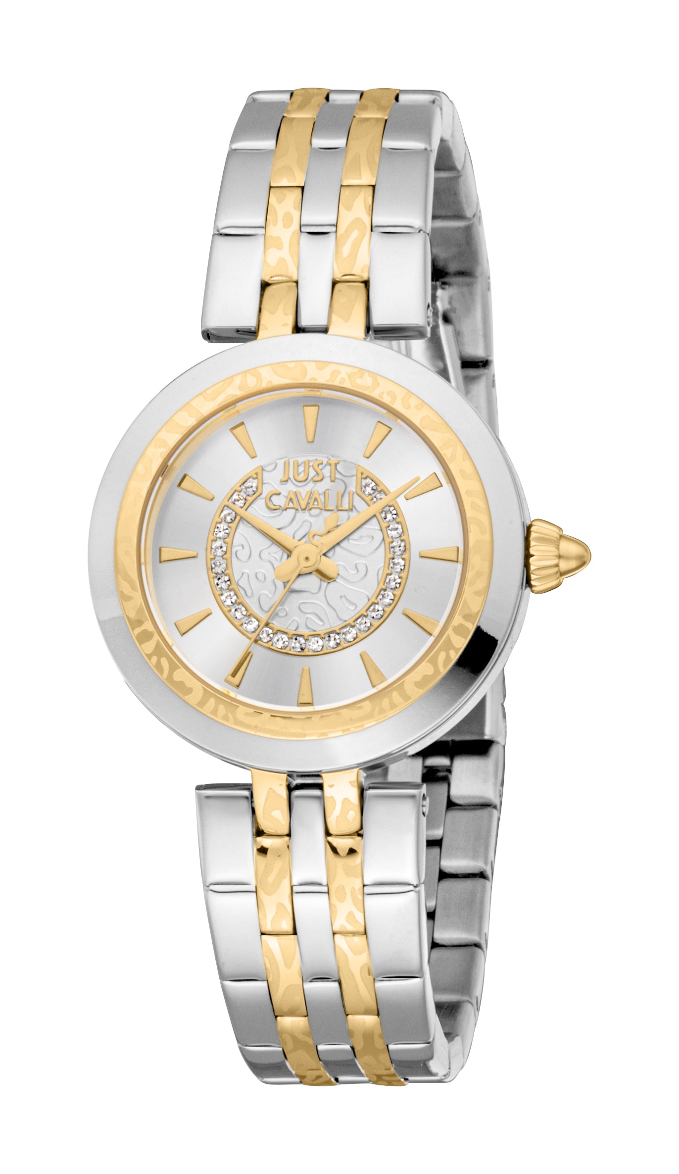 Close-up of a women's two-tone silver and gold-toned watch with a silver dial, gold-toned bezel, and crystal accents.