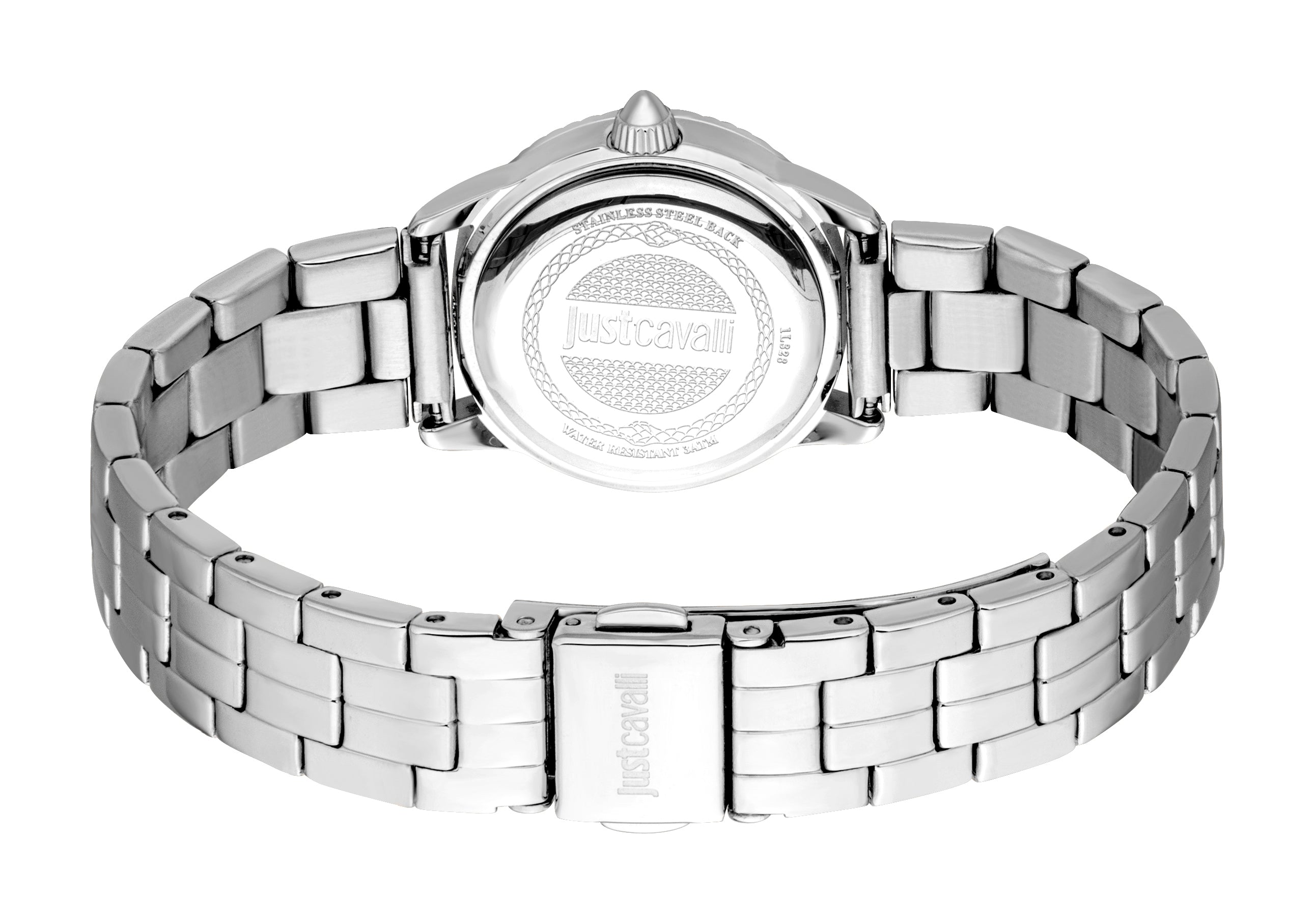 Back view of a silver-toned stainless steel watch. It has a link bracelet with a fold-over clasp and a round case back with a