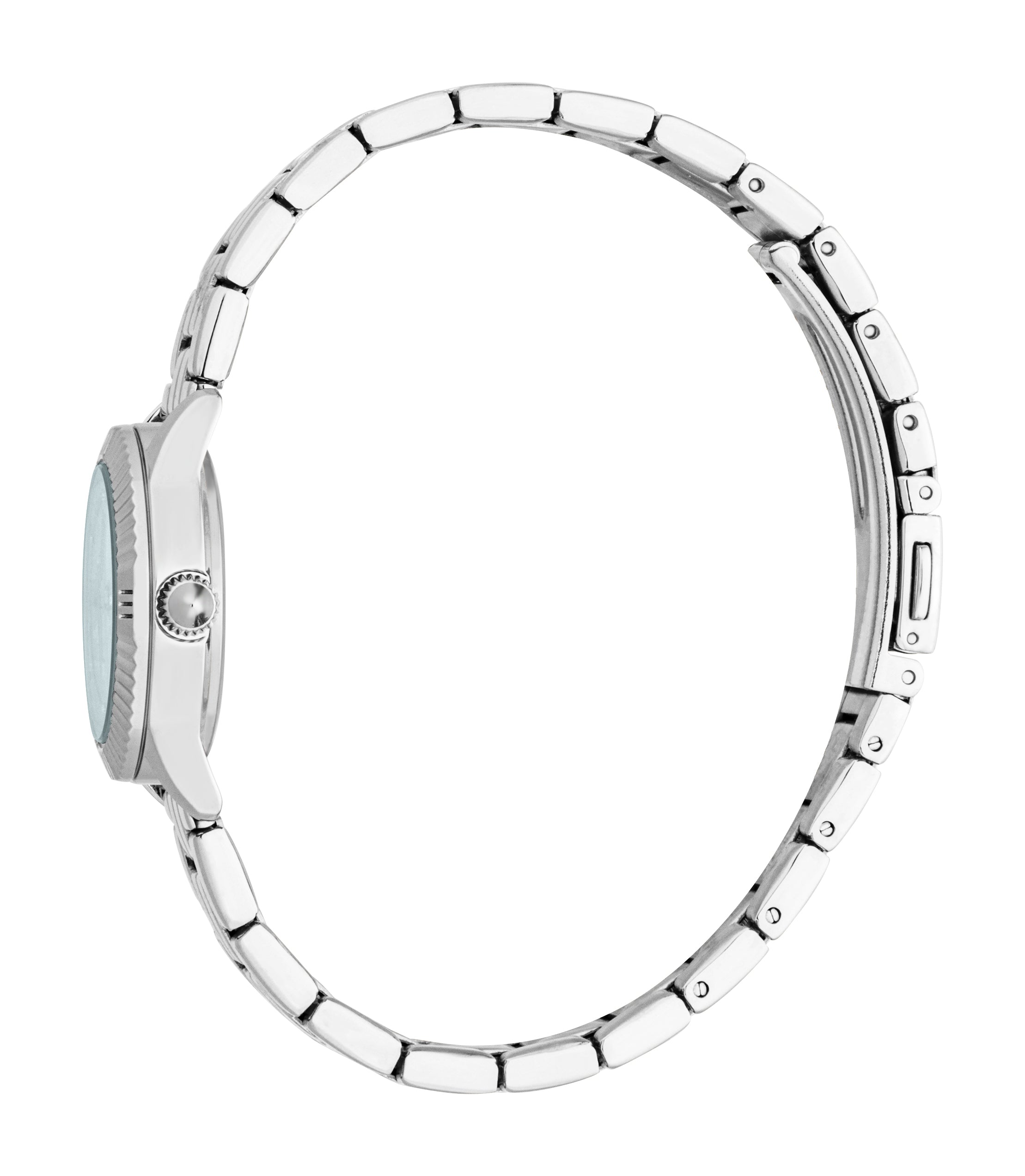 Women's watch with a silver-toned case, light blue dial, and a silver-toned stainless steel link bracelet.