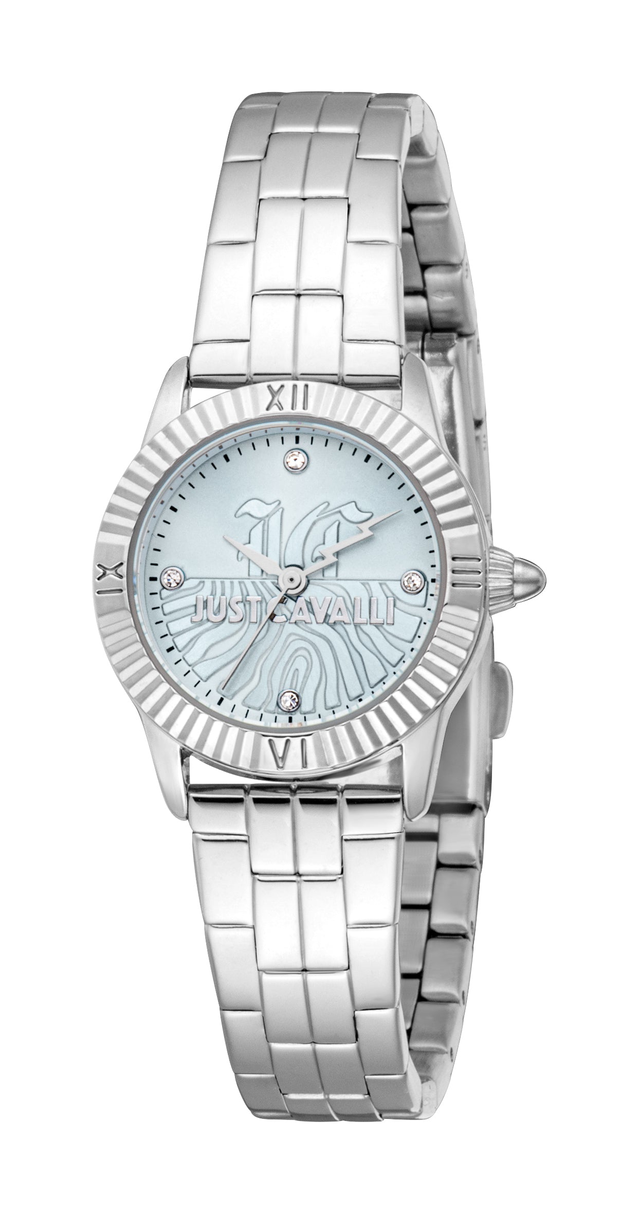 Women's Just Cavalli watch with a silver-coloured stainless steel case and bracelet, light blue textured dial, and crystal ho