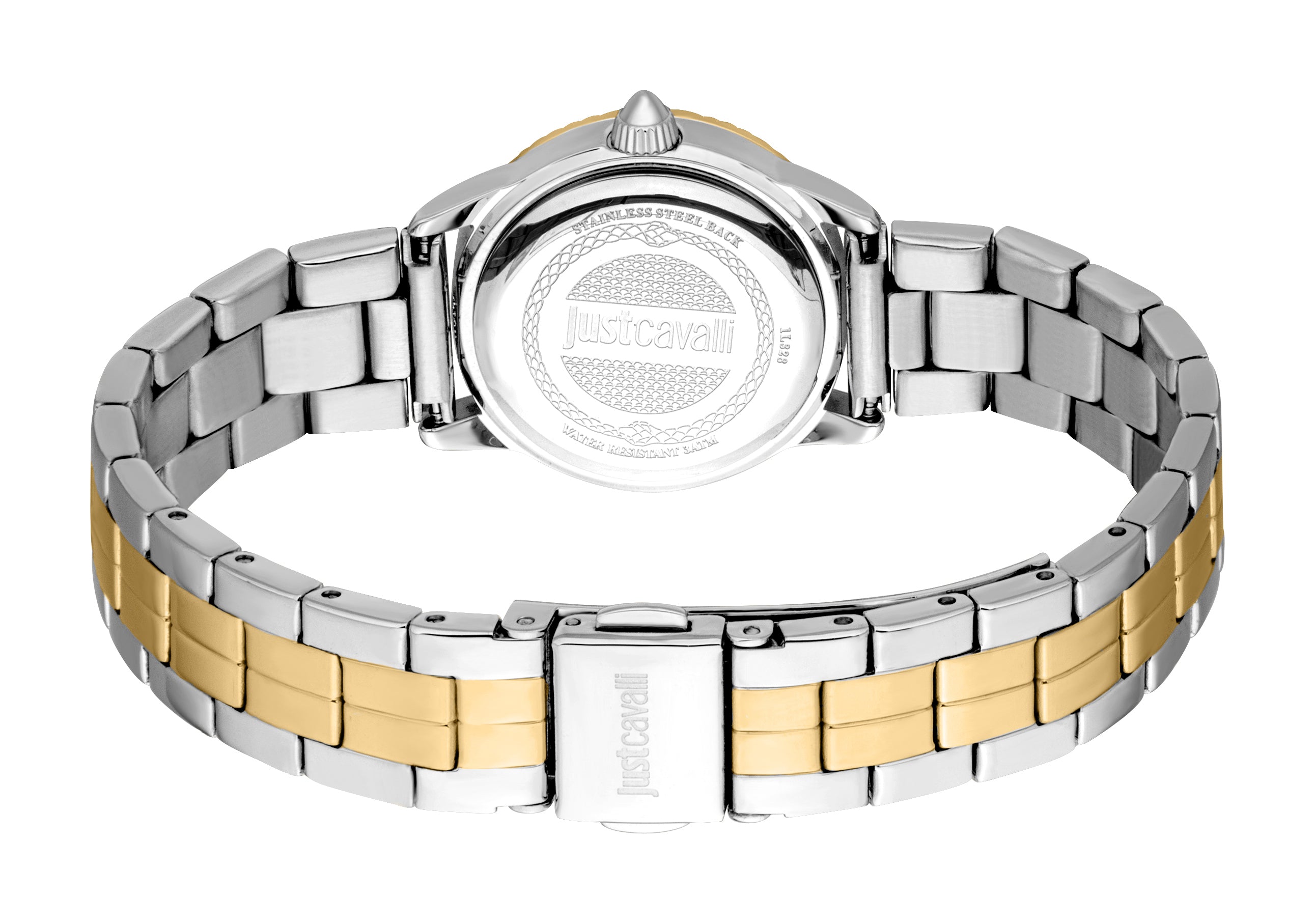 Two-tone watch with silver-toned case back, gold-toned bezel, and metal link bracelet with silver-toned outer and gold-toned