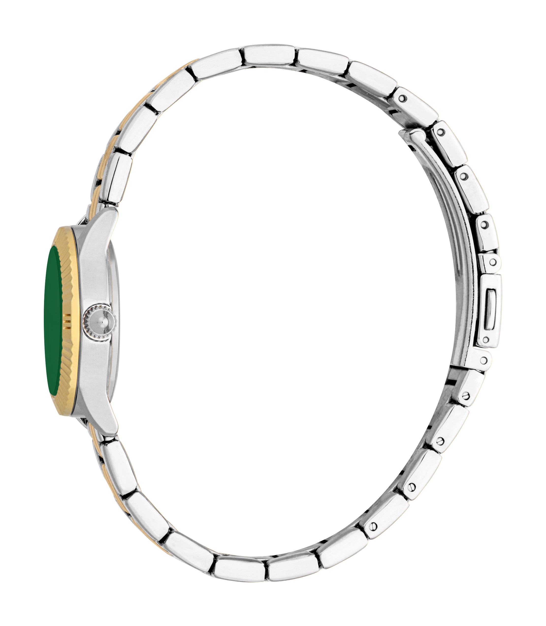Women's watch: silver-toned case, gold-toned bezel, dark green dial, two-tone silver and gold-toned link bracelet.