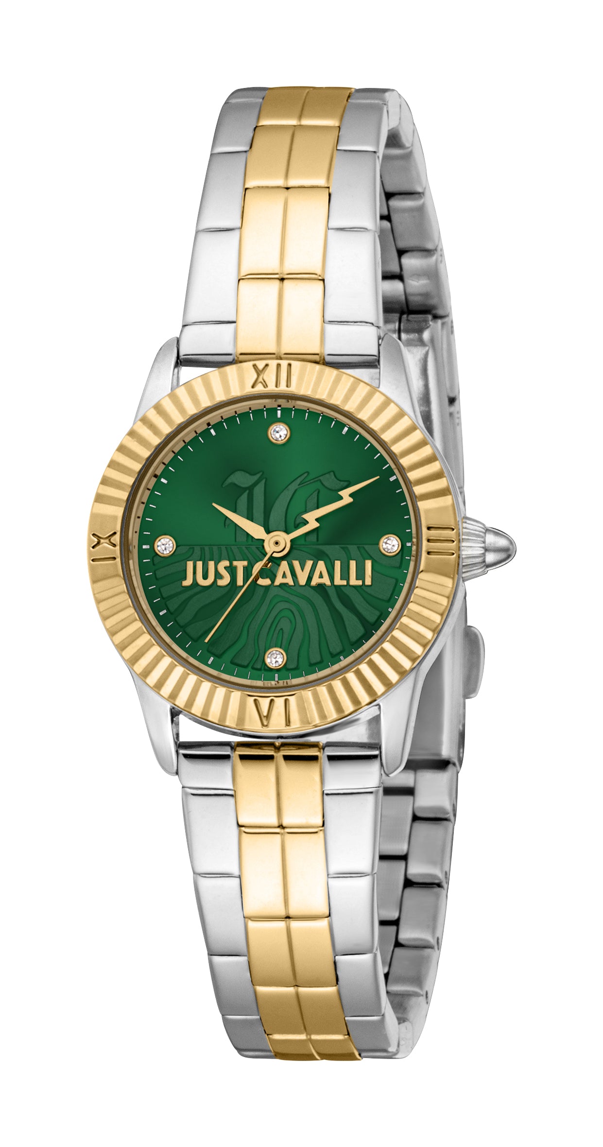Just Cavalli women's watch with a two-tone silver and gold-toned metal link bracelet, gold-toned fluted bezel, and dark green