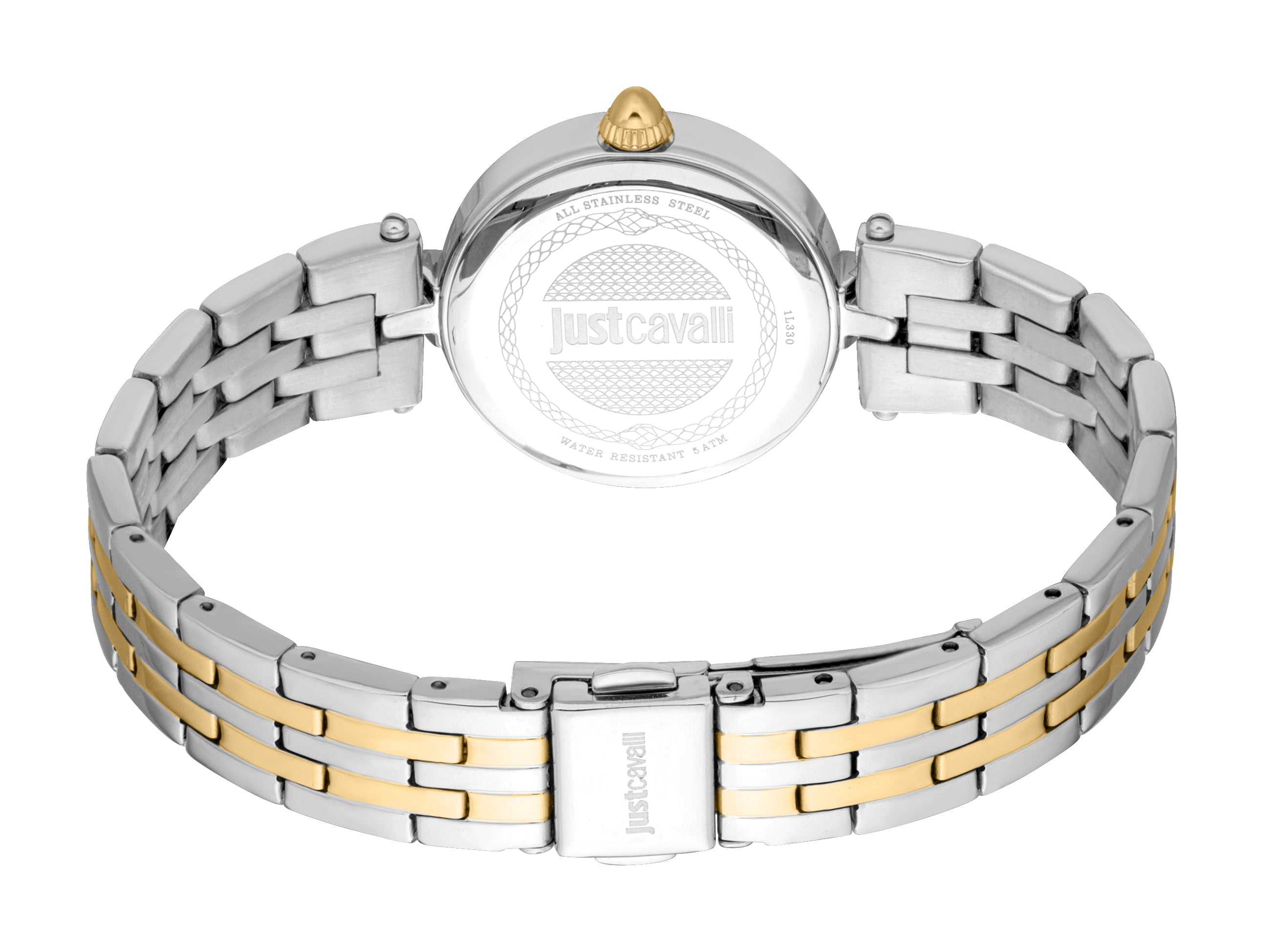 Two-tone watch with a silver-toned case back, gold-toned crown, and a metal link bracelet with silver-toned and gold-toned li