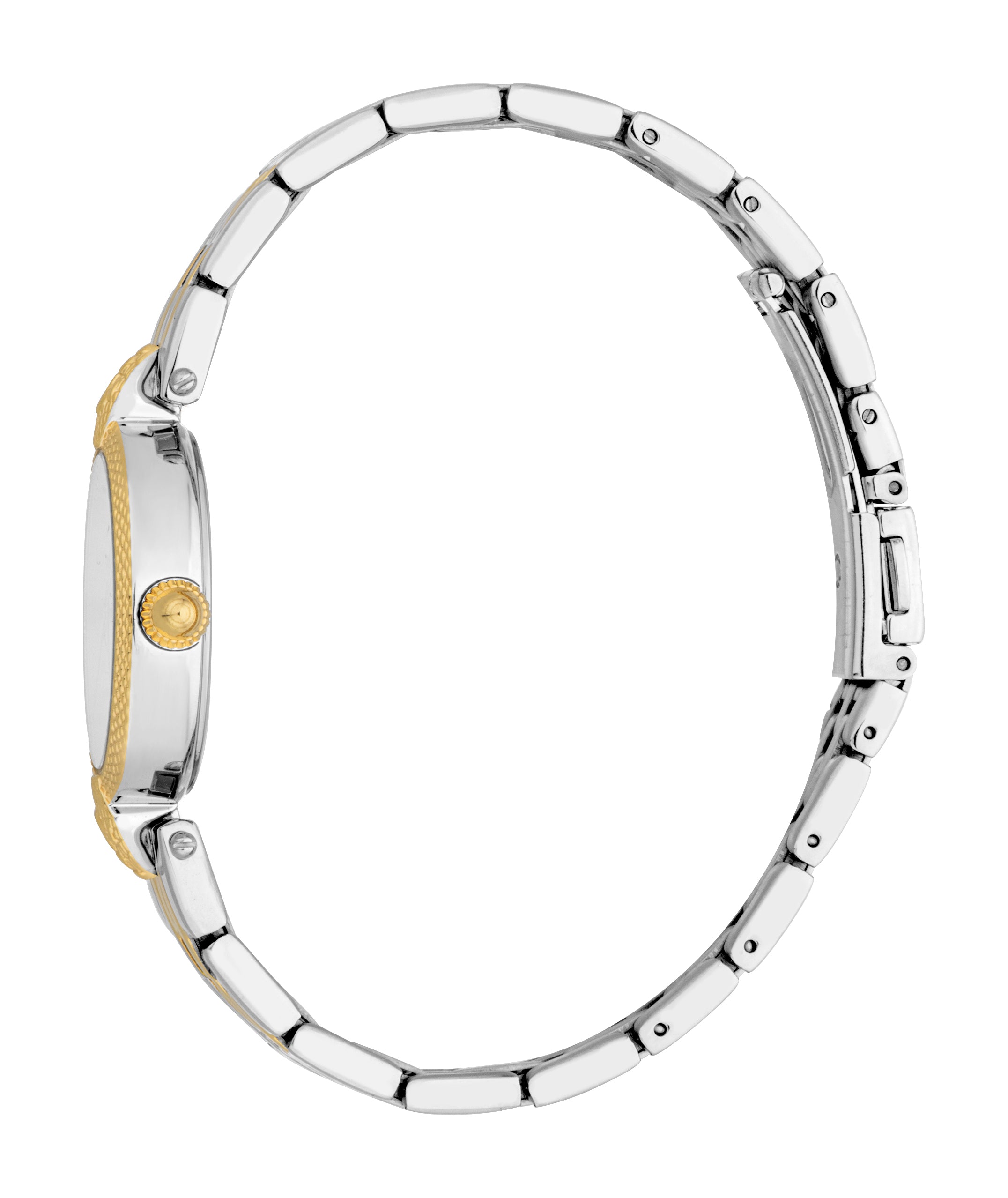 Two-tone women's watch with silver-toned case, gold-toned bezel, and crown. Silver-toned link bracelet with gold-toned accent